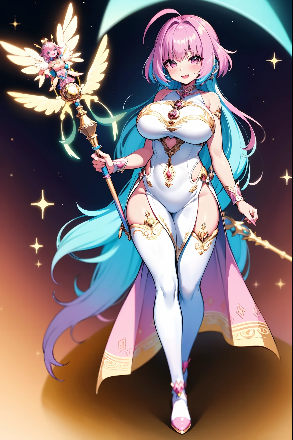 (best quality,masterpiece:1.2),intricate details,beautiful detailed eyes,beautiful detailed lips,extremely detailed eyes and face,longeyelashes,riamu, modeseven,super curvy,comic style,vibrant colors,standing,innocent, full body, standing, smile, princess dress, noble clothing, holy angel magicalgirl, open mouth fang, holy haura, halo, smile, joyfull, paladin, staff holding, full body , boots, standing,cute,breast, curvy, female,fantasy goddess,there is a cartoon picture of a woman with a very large breast, glowing angelic being, glowing holy aura, inspired by Luma Rouge, the non-binary deity of spring, ethereal rainbow nimbus, the butterfly goddess of fire, inspired by Marie Angel, glowing aura around her, astral fairy, as the goddess of the sun, “uwu the prismatic person, big breast, happy, beautiful eyes, , full body, walking, long robe, long dress, ,priestess ,holy, smile, pants, body suit, coat, pantyhose
