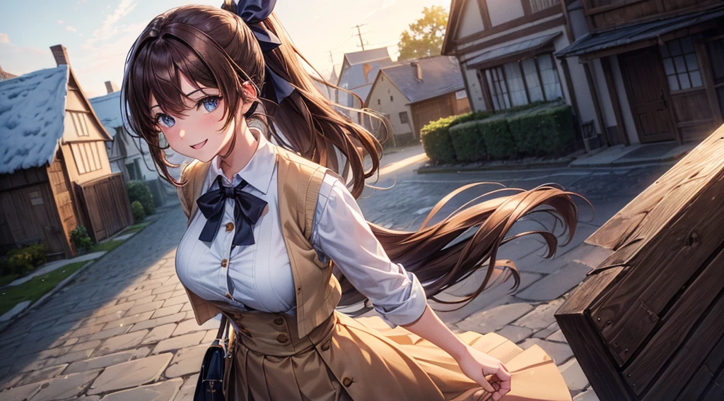 1girl, solo, full body, mediaval, village, houses, people, street, brown hair, ((middle parted hair)), ponytail, large breasts, button down, ((light brown vest sweeter)), dark blue eyes, ((white shirt)), ((unbuttoned shirt)), ((long brown skirt)), smile, looking at the viewer, standing, hair ribbon