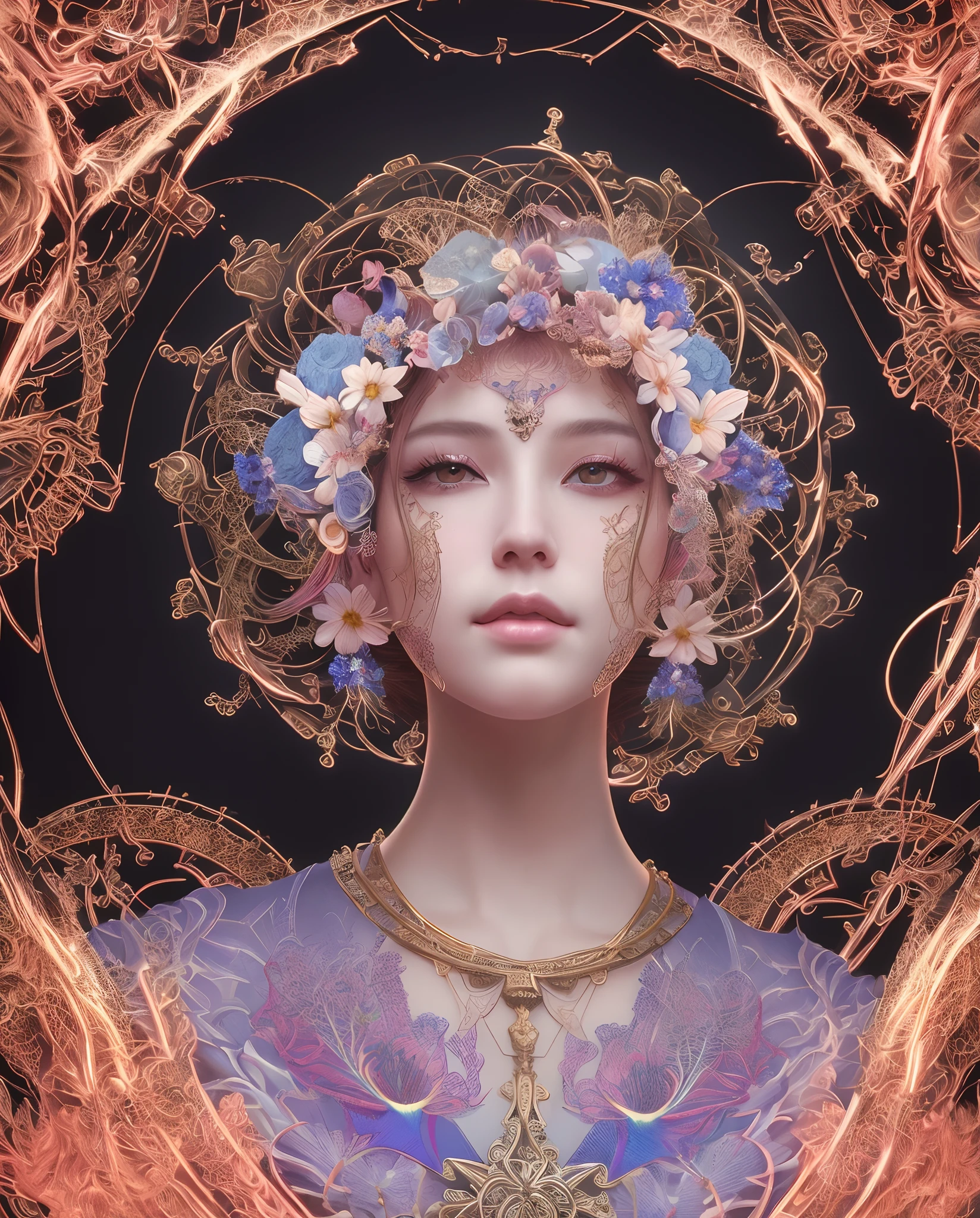 Potrait,mechanical android flower by, earnst haeckel, james jean. generative art, baroque, intricate patterns, fractalism, movie still, photorealistic, vibrant peacock feathers, intricate, elegant, highly detailed, digital painting, artstation, smooth, sharp focus, illustration, outrun, vaporware,
1 girl, solo, close up, potrait,
beautiful detailed intricate insanely detailed octane render trending on artstation, 8 k artistic photography, volumetric lighting, beautiful, rich deep colors masterpiece, sharp focus, ultra detailed,
