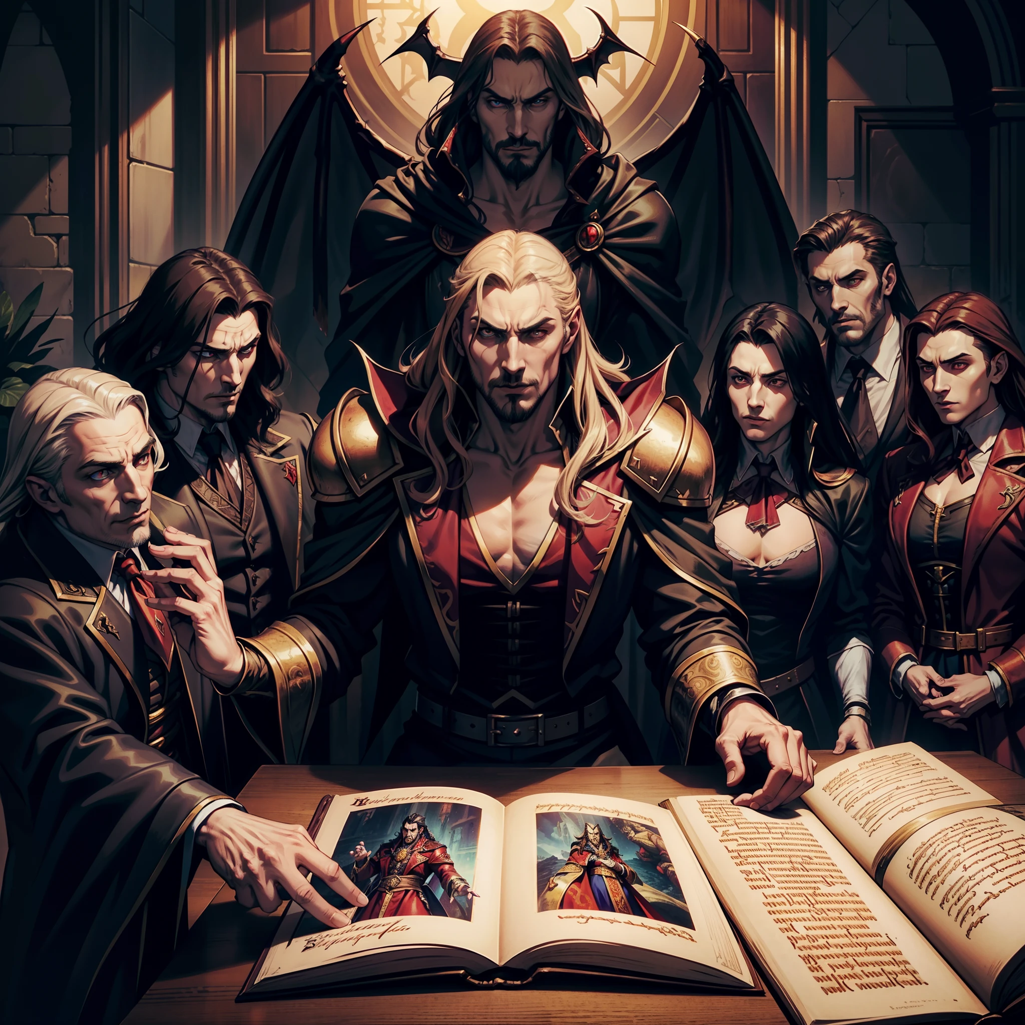 Castlevania Shadow Lord hyper realistic super detailed Dynamic shot centerpiece of Lord Dracula discussing ancient manuscripts with hyper realistic scholarly demons great scenes
