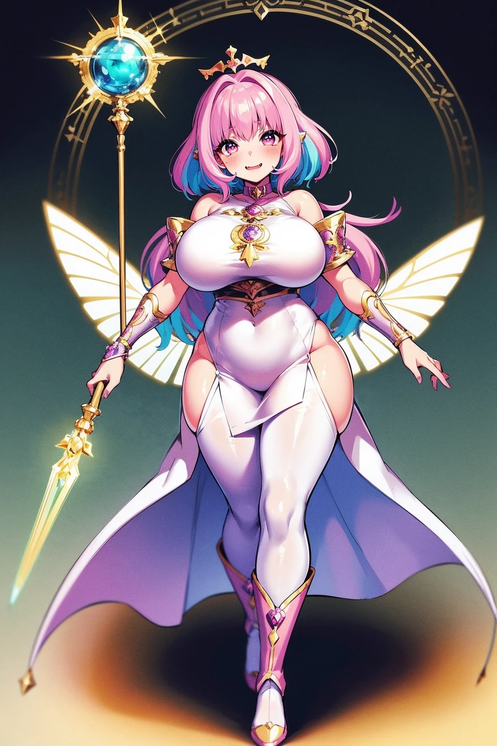 (best quality,masterpiece:1.2),intricate details,beautiful detailed eyes,beautiful detailed lips,extremely detailed eyes and face,longeyelashes,riamu, modeseven,super curvy,comic style,vibrant colors,standing,innocent, full body, standing, smile, princess dress, noble clothing, holy angel magicalgirl, open mouth fang, holy haura, halo, smile, joyfull, paladin, staff holding, full body , boots, standing,cute,breast, curvy, female,fantasy goddess,there is a cartoon picture of a woman with a very large breast, glowing angelic being, glowing holy aura, inspired by Luma Rouge, the non-binary deity of spring, ethereal rainbow nimbus, the butterfly goddess of fire, inspired by Marie Angel, glowing aura around her, astral fairy, as the goddess of the sun, “uwu the prismatic person, big breast, happy, beautiful eyes, , full body, walking, long robe, long dress, ,priestess ,holy, smile, pants, body suit, coat, pantyhose