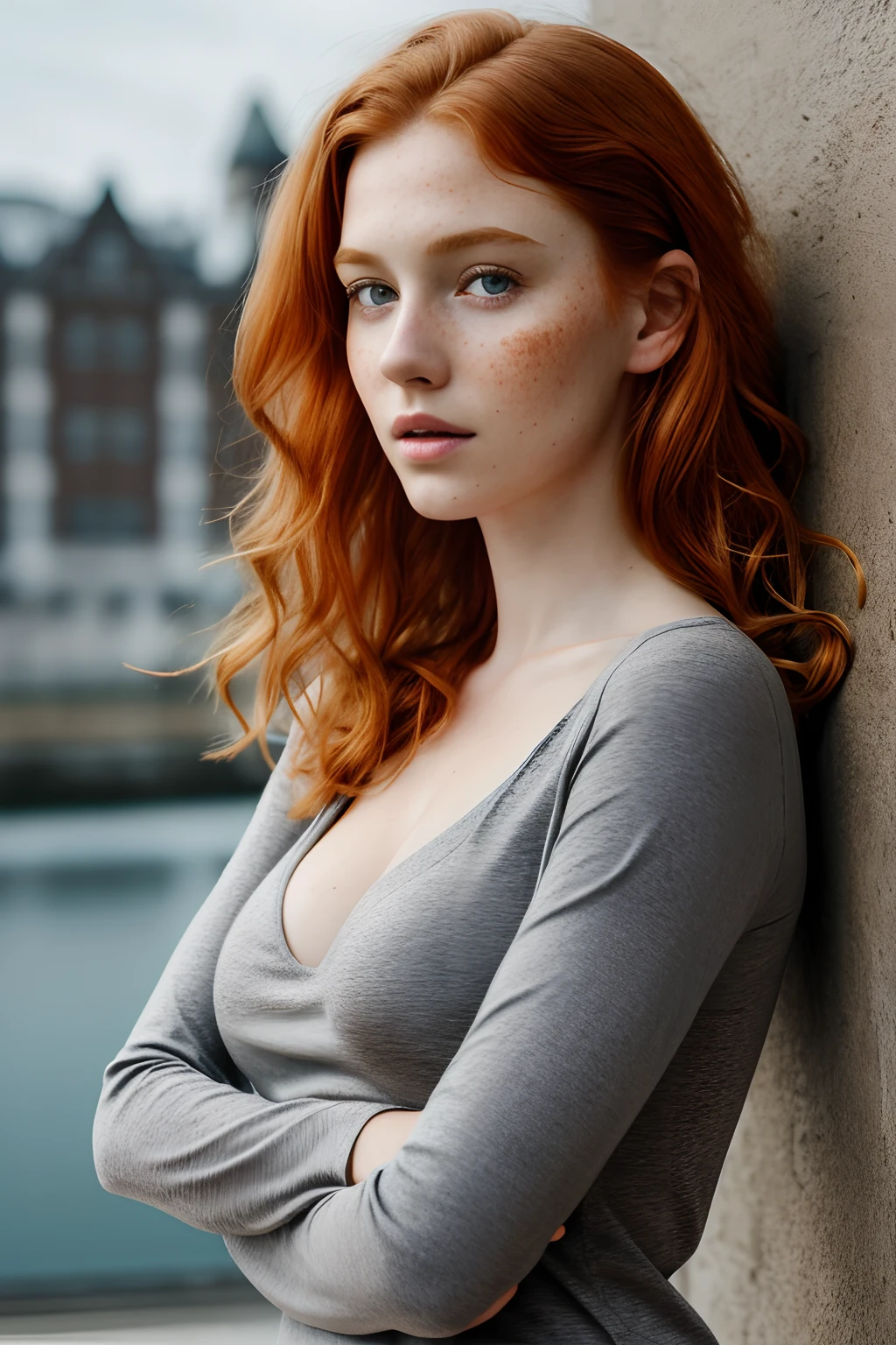 1girl in, age19, Solo, Aesthetic artwork, irish  redhead, wavy ginger hair, shoulder length ginger hair, gray eyes, light grey eyes, some small freckles, pale skin, (B-cup, medium breasts), runners body, fullbody shot, (textured skin, skin pores:1.1), (moles:0.8), imperfect skin, goosebumps, (extremely detailed 8k wallpaper), soft lighting, high quality, film grain, Fujifilm XT3 sharp focus, f 5.6, 50mm, High Detail, Sharp focus,(natural light), (seductive), touching her clothes, black cocktail dress, tight outfit,, Realistic, A sexy