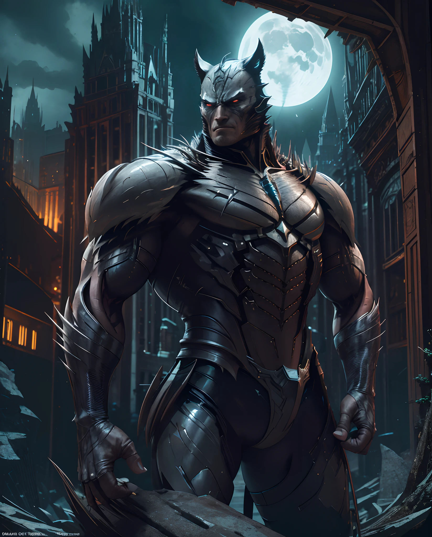 Wolverine from the dark knight stands imposing in a gothic lost city. Moonlight highlights your muscles and scars. The scenery is lush and mysterious, with futuristic tech and surroundings. The camera details everything, a warrior woman, in front of him.