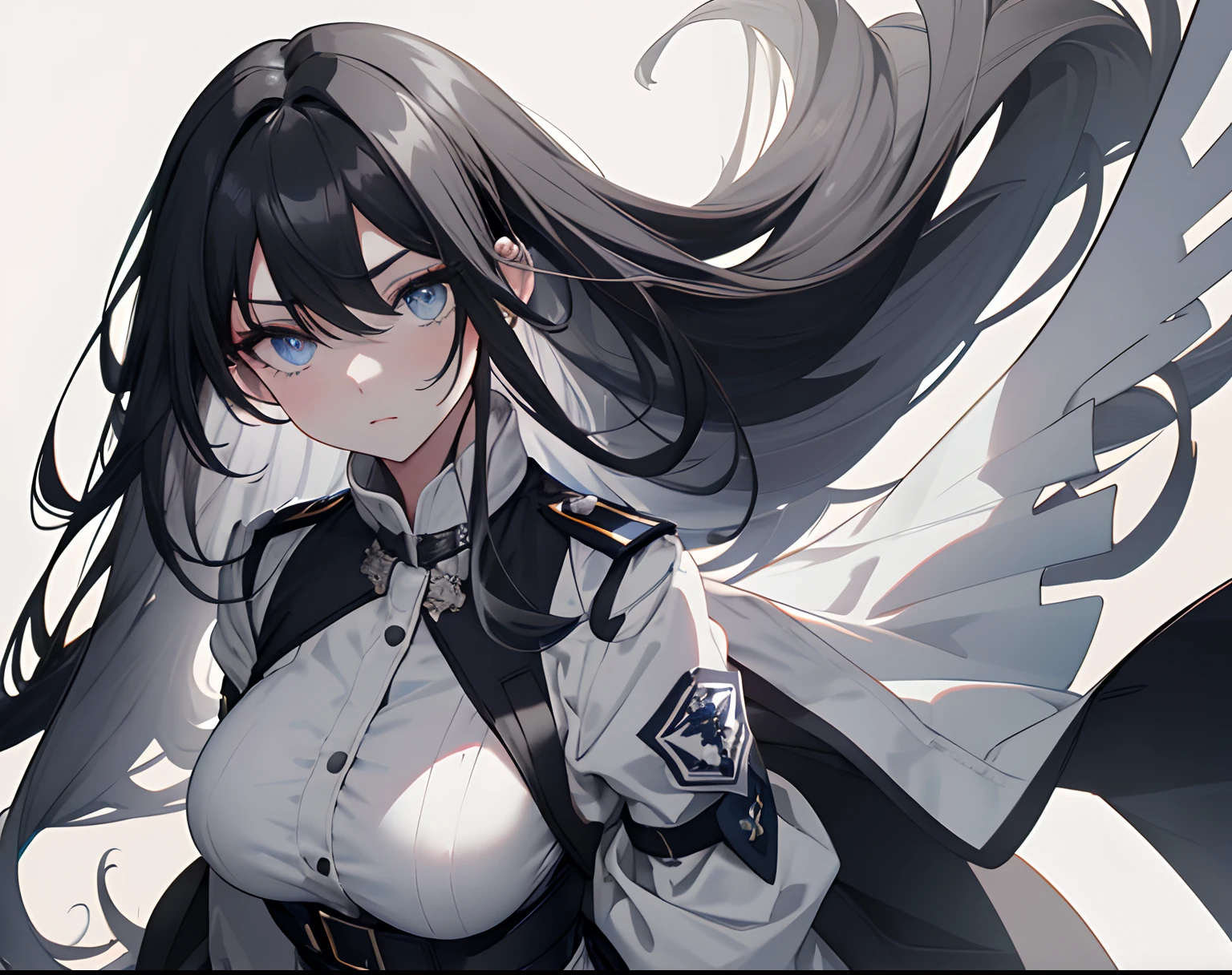 【Highest Quality, masutepiece】 [girl, Manteau, expressioness, blue eyess, front facing, jet-black hair, Upper body] (Gray white background:1.7), Full body、White one-piece military uniform、 Jet black head of hair,(masutepiece:1.2, Best Quality), (finely detailed beautiful eye: 1.2), (beautifull detailed face), High contrast, (Best Illumination, extremely delicate and beautiful), ((Cinematic Light)), Colorful, Hyper Detail, Dramatic light, Intricate details,Very blue eyes, Shining eyes, long hair flowing with the wind、large full breasts、Belt under the chest、White military uniform, White skirt, large full breasts, Long hair fluttering in the wind, jet-black hair, Black tie, Belt under the chest, gotik、Long hair with blue inner、