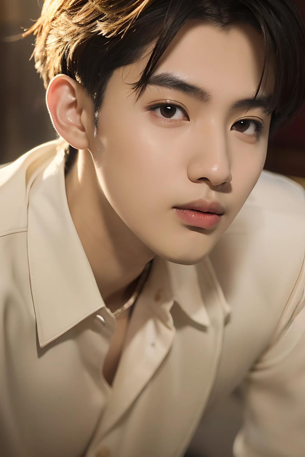 Best quality,Masterpiece,超高分辨率,(Realisticity:1.4),Original photo,Cinematic lighting, 1boys,white  clothes,Slender eyebrows，Thick eyelashes，White teeth，Beautiful face，parks，Facing you