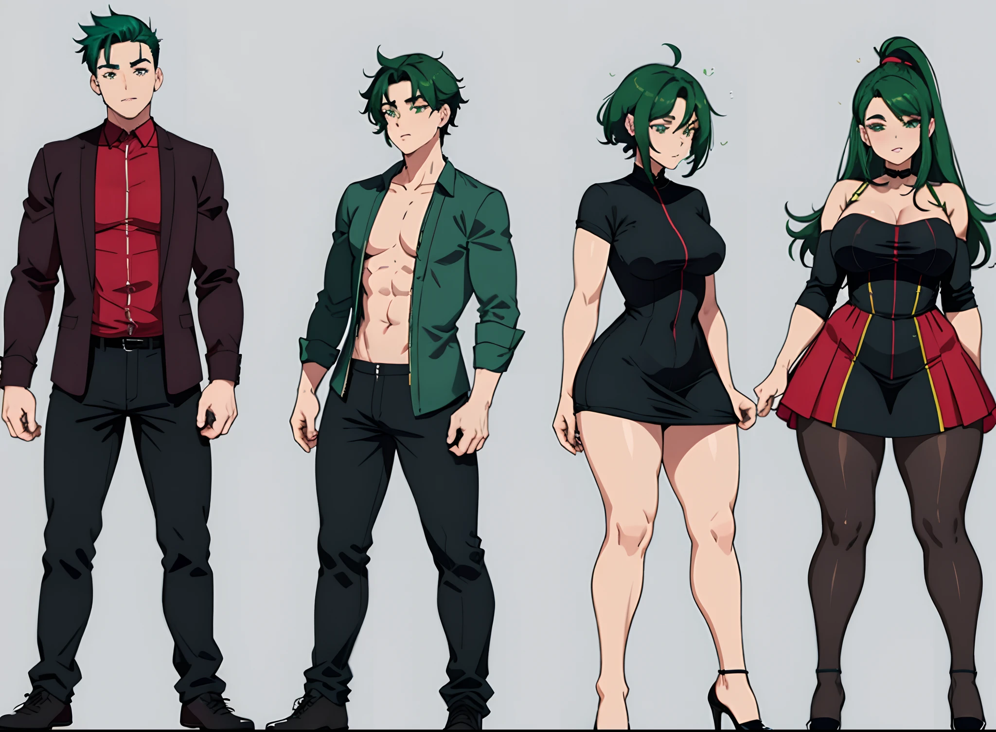 masterpiece,  best quality,gender transformation, mtf, sequence, cloth bulge, full body, standing, simple background, erection under clothes, black hair, green hair, , dress,