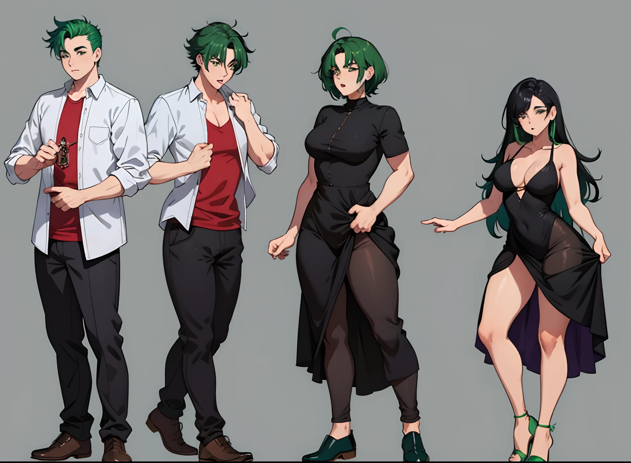 masterpiece,  best quality,gender transformation, mtf, sequence, cloth bulge, full body, standing, simple background, erection under clothes, black hair, green hair, , dress,