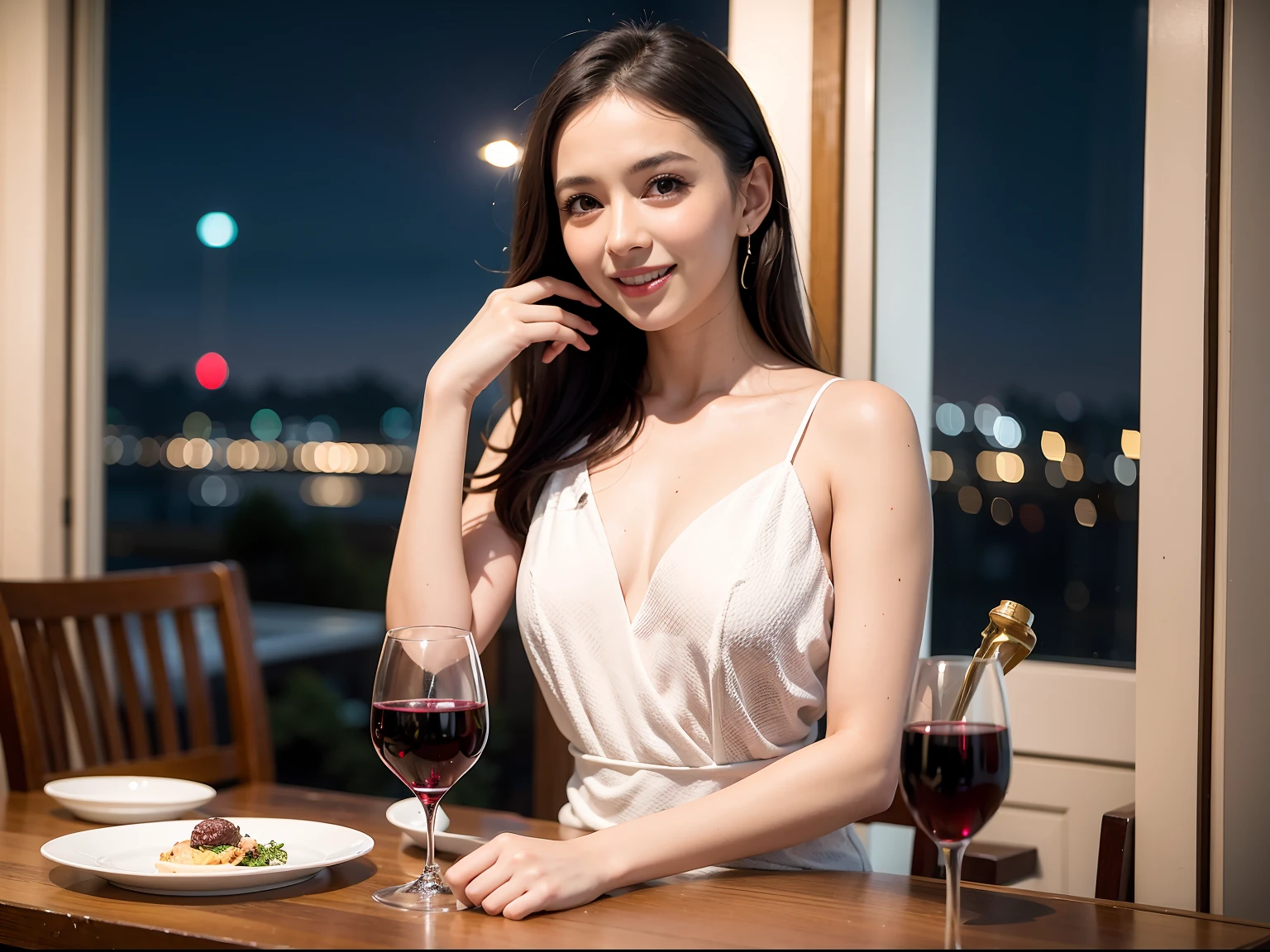 (64k uhd, nffsw, of the highest quality, masutepiece: 1.2), (Realistic, Photorealistic: 1.37), 1 pretty woman, (Slim Face), (Slim body), (Brown hair), (short-cut), cheeks blush a little, (44 years old), 38 years, Solo, A beautiful and detailed night view spreads out outside the window., restaurant, Wine glass sitting, At night, Nova Frog style in a prominent place, actress, Model, waist-up, white wine, slim, wine glasses, Super clean night view, Wine glass placed in the middle, Happy smile, (Smile: 1.15), Beautiful fine eyes, Upper body, Bust Japan Up, Night, Short, Short, actress, Model, waist-up, white wine, slim, wine glasses, Super clean night view, Wine glass placed in the middle, Happy smile,