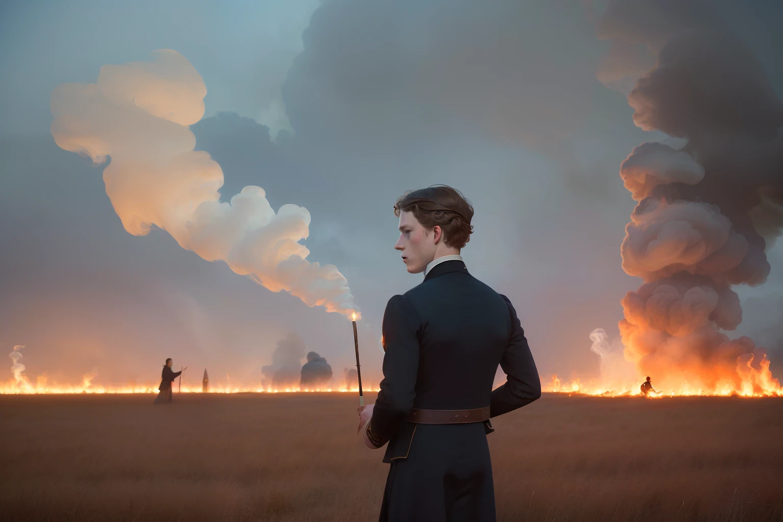 year: 1865. Location: Tama, Iowa. Pre-Raphaelite (((22-year-old George MacKay))), back view, ((small fire)), ruins, ((((smoke evil ghosts)))) flying away, ((((Clothing from the 1860s)))) ((Hairstyle of the 1860s)), ((("OMITB" cinematography)))