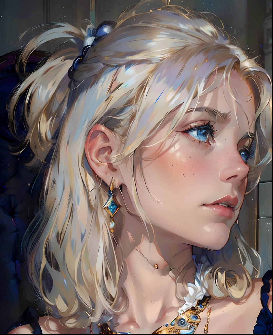 (Realistic), (Highres), 4K, 8K, Detailed Illustration, Ultra-Detailed, Ambient Light, Backlighting, Realistic Shadows, Glowing Particles, Light Particles, Digital Art, Detailed Face, Detailed Hair, (Hyper-Detailed Eyes:1.2), Soft Light, Soft Lighting, (Outdoors:1.15), Renaissance, Renaissance Architecture, Hyper Detailed Architecture, Vintage Windows, Red Curtains, (Throne:1.4), (Sitting on Throne:1.2), Front, Frontal, Huge Throne, Ornate Throne, Royal Throne, Massive Throne, (Blonde Hair:1.15), Bangs, Shiny Hair, short braids, Blue Eyes, Closed Mouth, Dignified Expression, Emotionless, Calm, Confident (Solo:1.4), Mature Female, Sexy Elf Woman, Full Body, Toned Thighs, Narrow Waist, Round Hips, (Huge Perky Breasts:1.1), Crossed Legs, (Crossed Arms:1.1) (Elegant Blue Dress:1.1), Ornate Clothes, Ornate Dress, (Blue Off-Shoulder Dress:1.1), Bare Shoulders, Skindentation, (Blue Dress:1.1), (White Puffy Sleeves, Long Sleeves, Juliet Sleeves:1.1), Long Sexy Dress, cleavage, covered , (Ballroom Gown:1.3), (Frilled Dress:1.3), (Jewelry:1.15), Collar, Gorget, Gold-Trim, Regalia, Knight
