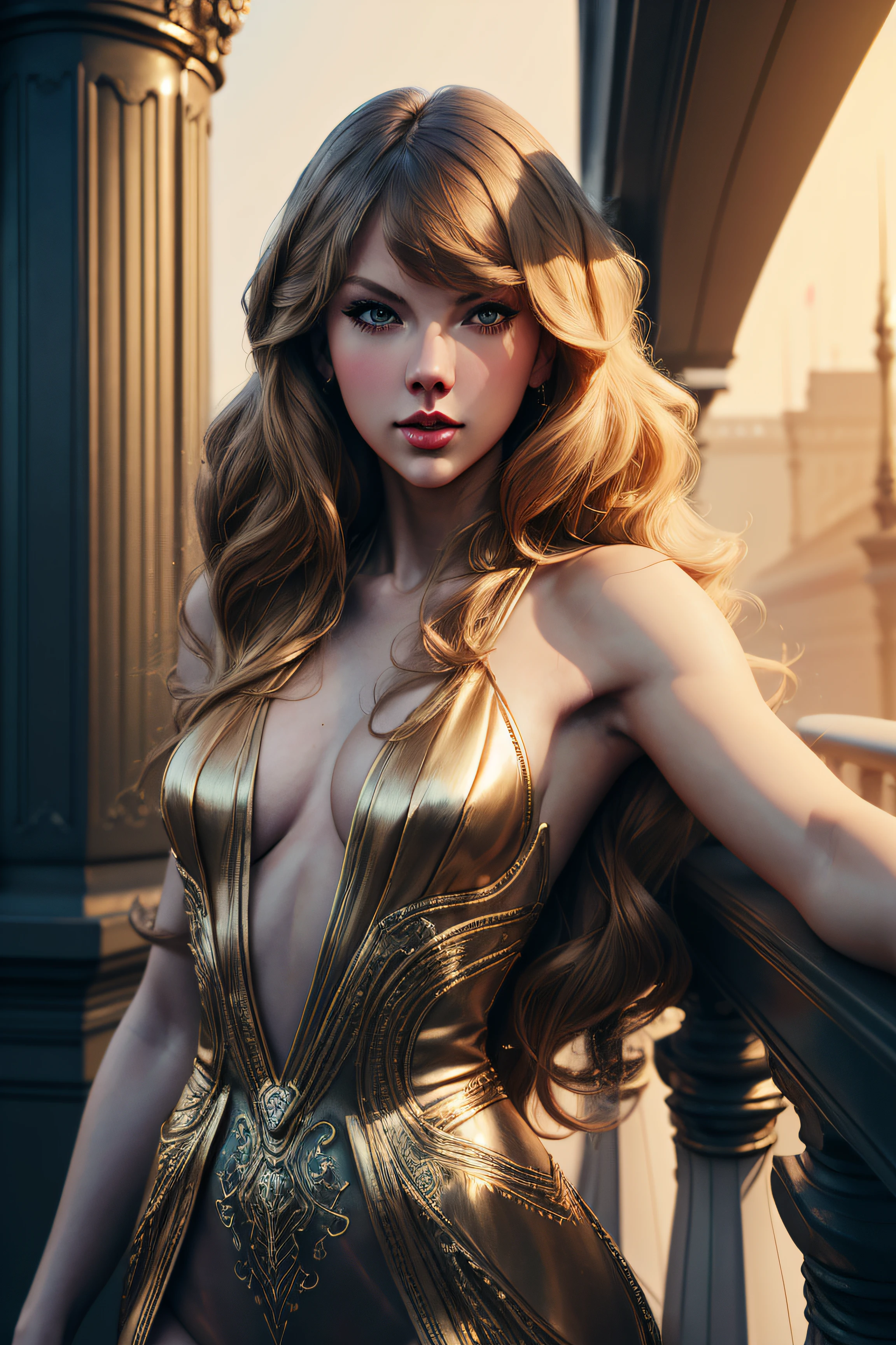 Taylor Swift, nude, stand on the balcony, character portrait, 4 9 9 0 s, long hair, intricate, elegant, highly detailed, digital painting, artstation, concept art, smooth, sharp focus, illustration, art by wlop, charlie bowater and alexandra fomina