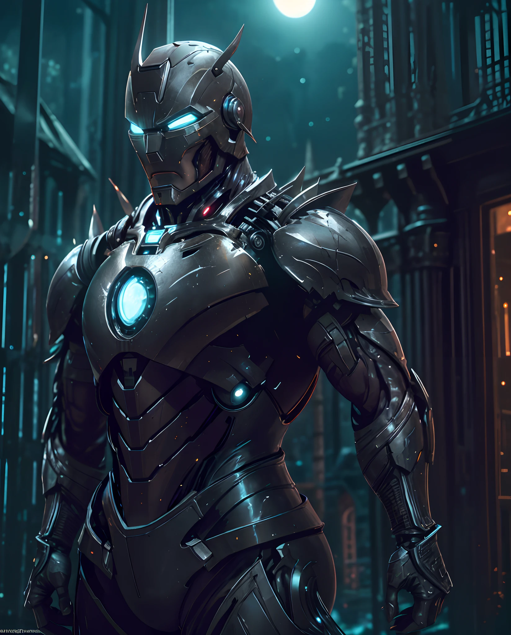 Ironman from the dark knight stands imposing in a gothic lost city. Moonlight highlights your muscles and scars. The scenery is lush and mysterious, with futuristic tech and surroundings. The camera details everything, a warrior woman, in front of him.
