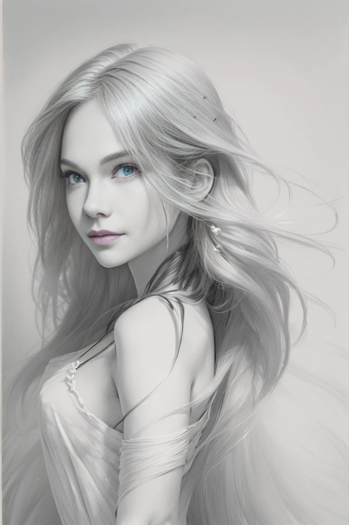 (Best quality,4K,A high resolution,Masterpiece:1.4), Monochrome style, Beautiful women, long and flowing hair,Realistic face, Masterpiece, High details, Sketch 1 with a pencil.4, Ink Sketch 1.4, Beach background, High-detail lighting, Slight smile, Fair skin, Isolated in a spacious space, Wide white margins