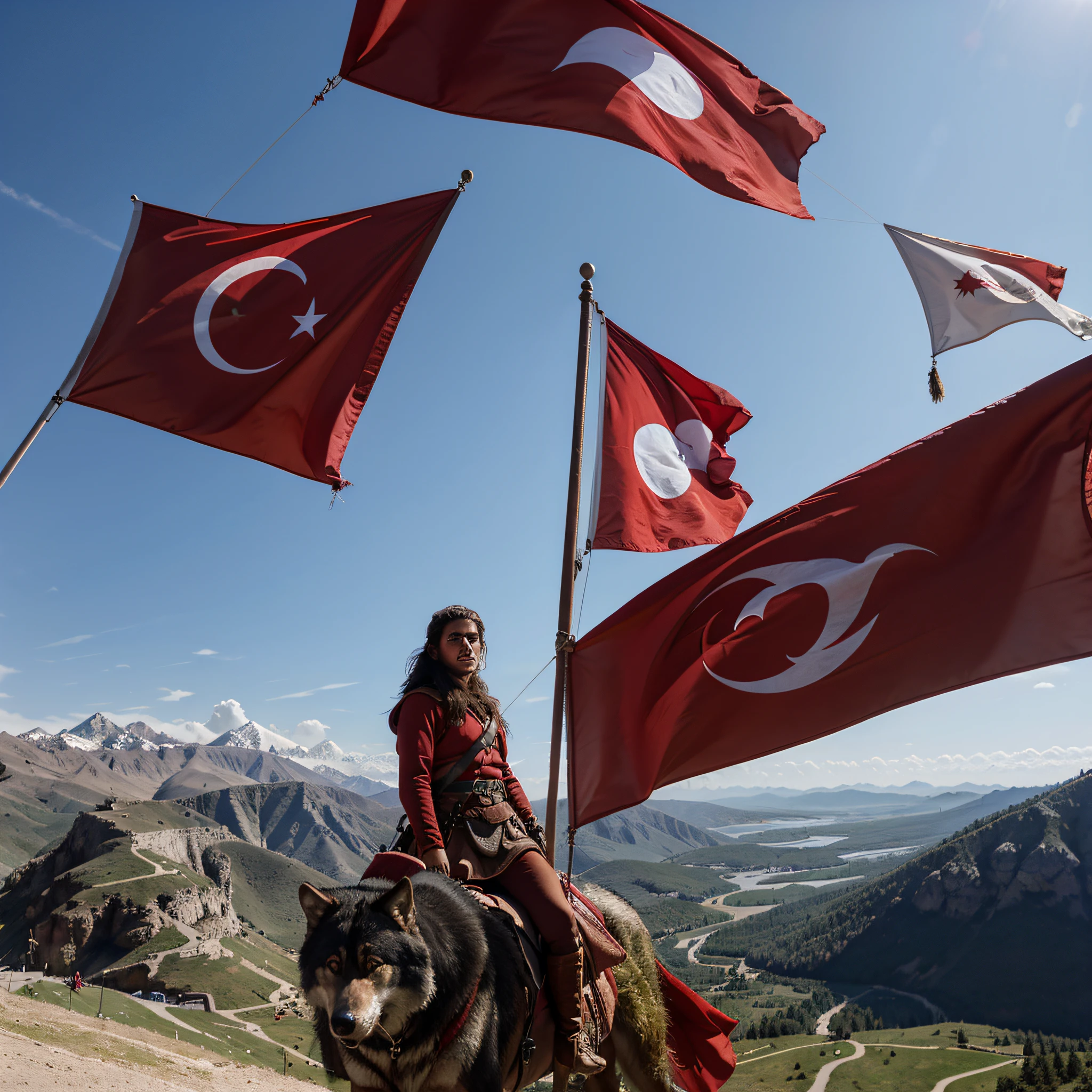 A pretty Turkish nomad hunter stands on the top of a mountain next to a large red flag attached to a mast. Sie schaut heroisch und stolz zum Horizont.neben Ihr ist ein Wolf der den Mond anheult.