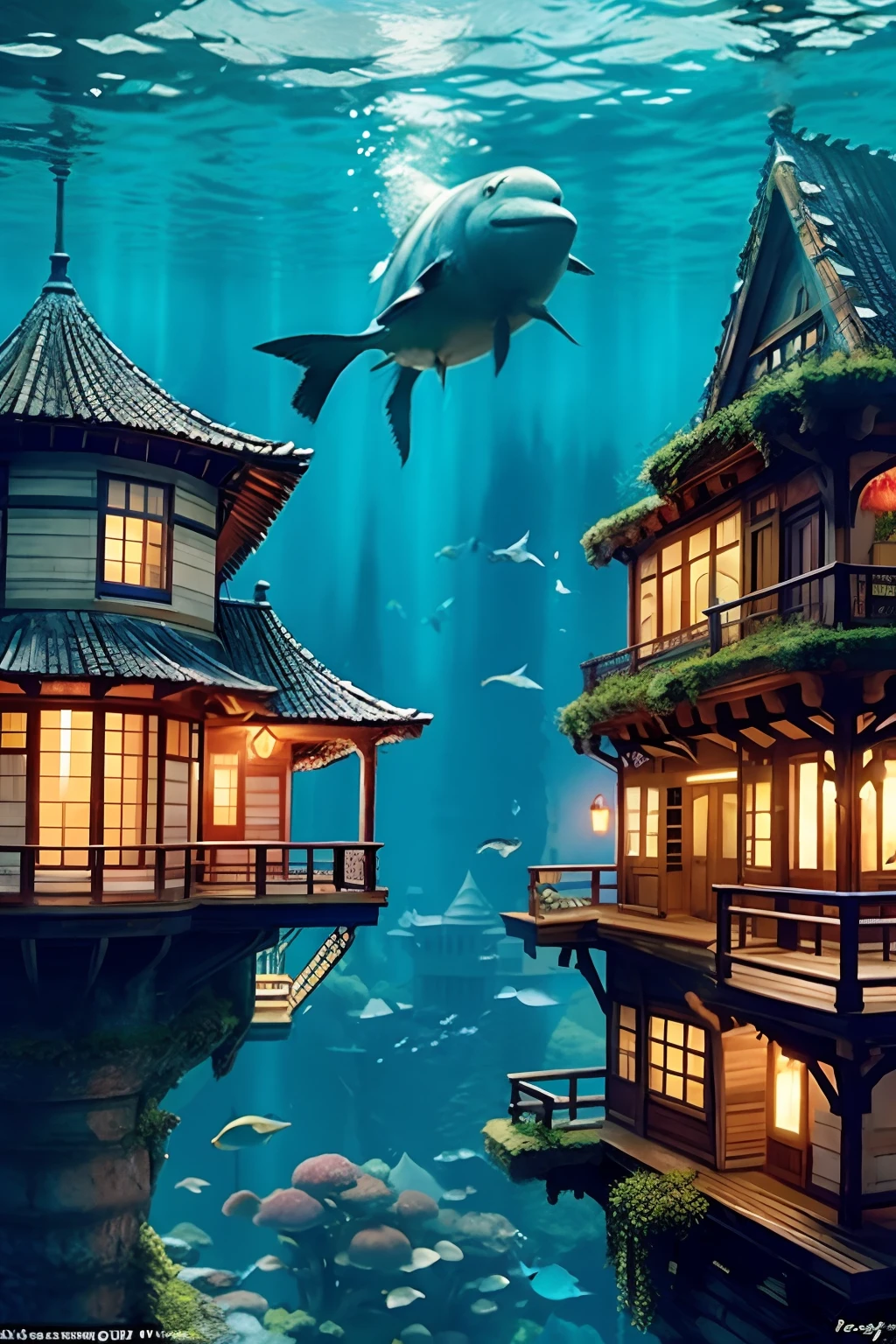 Color (Fantasy: 1.2), (Hayao Miyazaki style), (irregular building floating under the sea), patchwork houses, moss decorations, coral, lights, concept art inspired by Andreas Rocha, Artstation contest winner, fantasy art, (cyberpunk underwater city), ross tran, light axes, realistic lighting, masterpiece, high quality, beautiful graphics, high detail, masterpiece, high quality, beautiful graphics, high detail, --v6