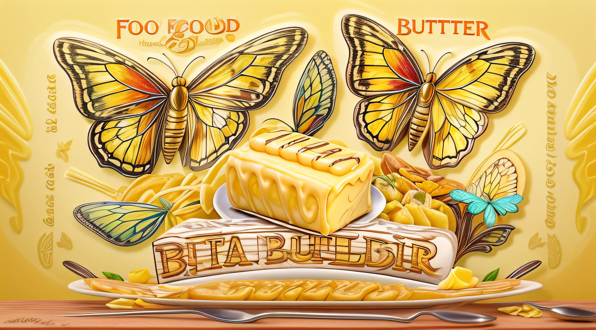 best quality,ultra-detailed,realistic,food butter,spreadable,creamy texture,rich and golden,artisanal,delicious taste,food photography,vibrant colors,warm lighting, butter with wings, butterfly wings on butter, butter knives illustration, marketing butter poster