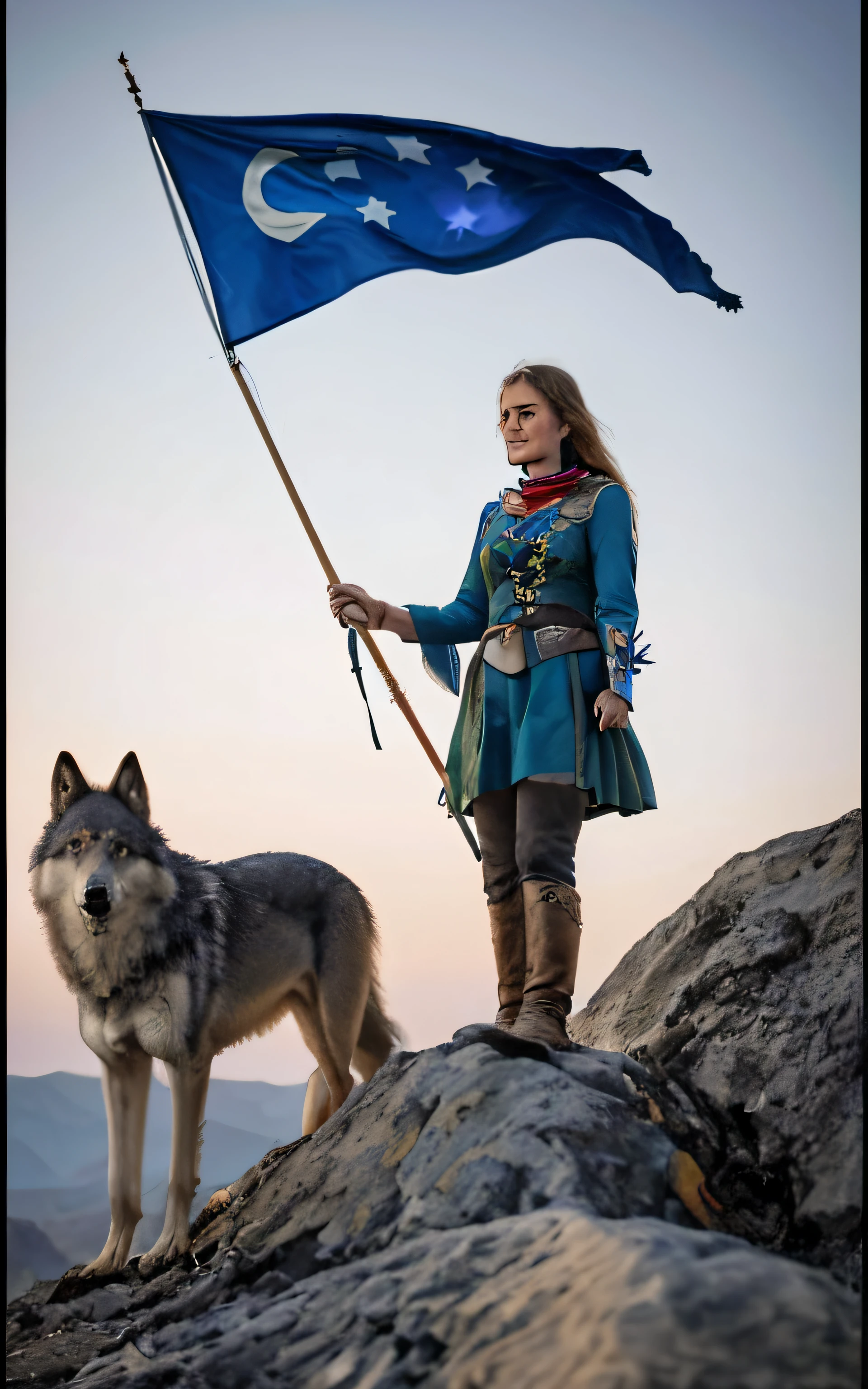 Eine stolze junge Frau auf dem Gipfel eines Berges mit einer blauen Flagge in Ihrer Hand. neben Ihr ein Wolf der den Mond anheult.