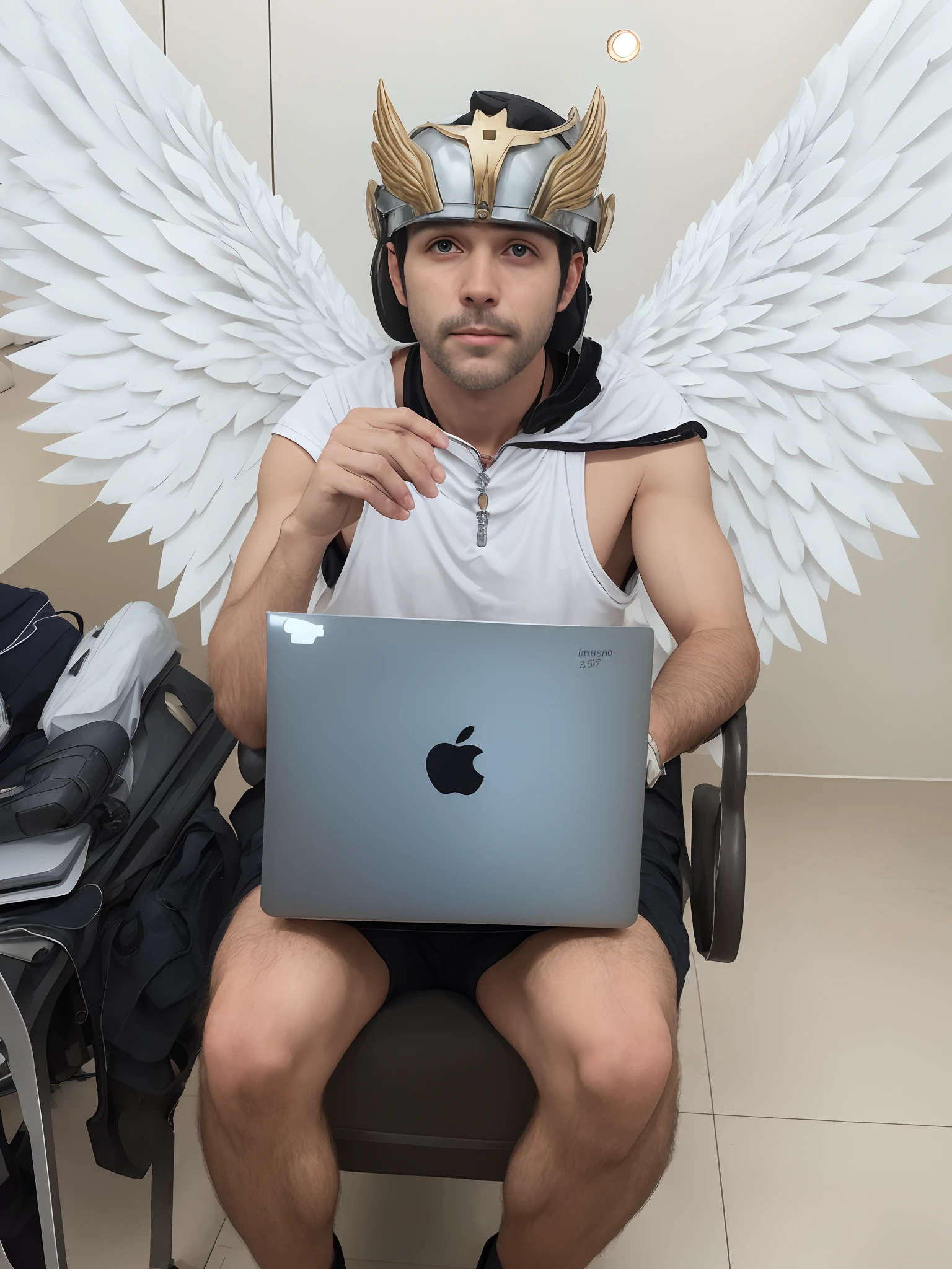 desenho de homem sentado em uma cadeira com asas em seu colo, biblical accurate angel, totalitarian socialist angel, anjo biblicamente preciso, anjo biblicamente acuado, com um laptop no colo, vestindo anjo, usando halo de anjo, anjo super largo, humano alado, anjo do antigo testamento, tiro de anjo largo, Miguel Anjo, epic angel wings, anjo baixo