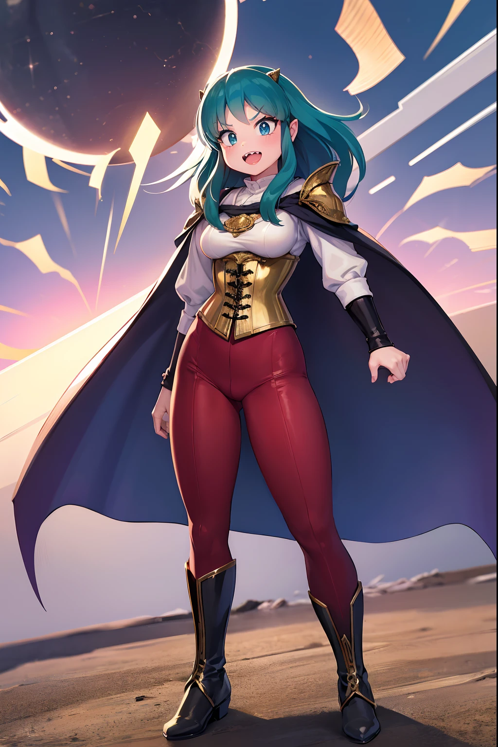 masterpiece, best quality,, corset, breastplate,lum, , urusei yatsura, cloak, pants, pullover kimono,martial pov,, pantyhose, sharpteeth, standing,smile, matial art,, full body, boots , pant, medium breast, pants, pullover,martial pov,god rays, ray tracing, sparkle, cinematic lighting, UHD, retina, masterpiece, ccurate, anatomically correct, textured skin, super detail, high details, high quality, award winning, best quality, highres, 1080P, HD, 4K, thunder aura, light aura, sharpteeth,, super powers