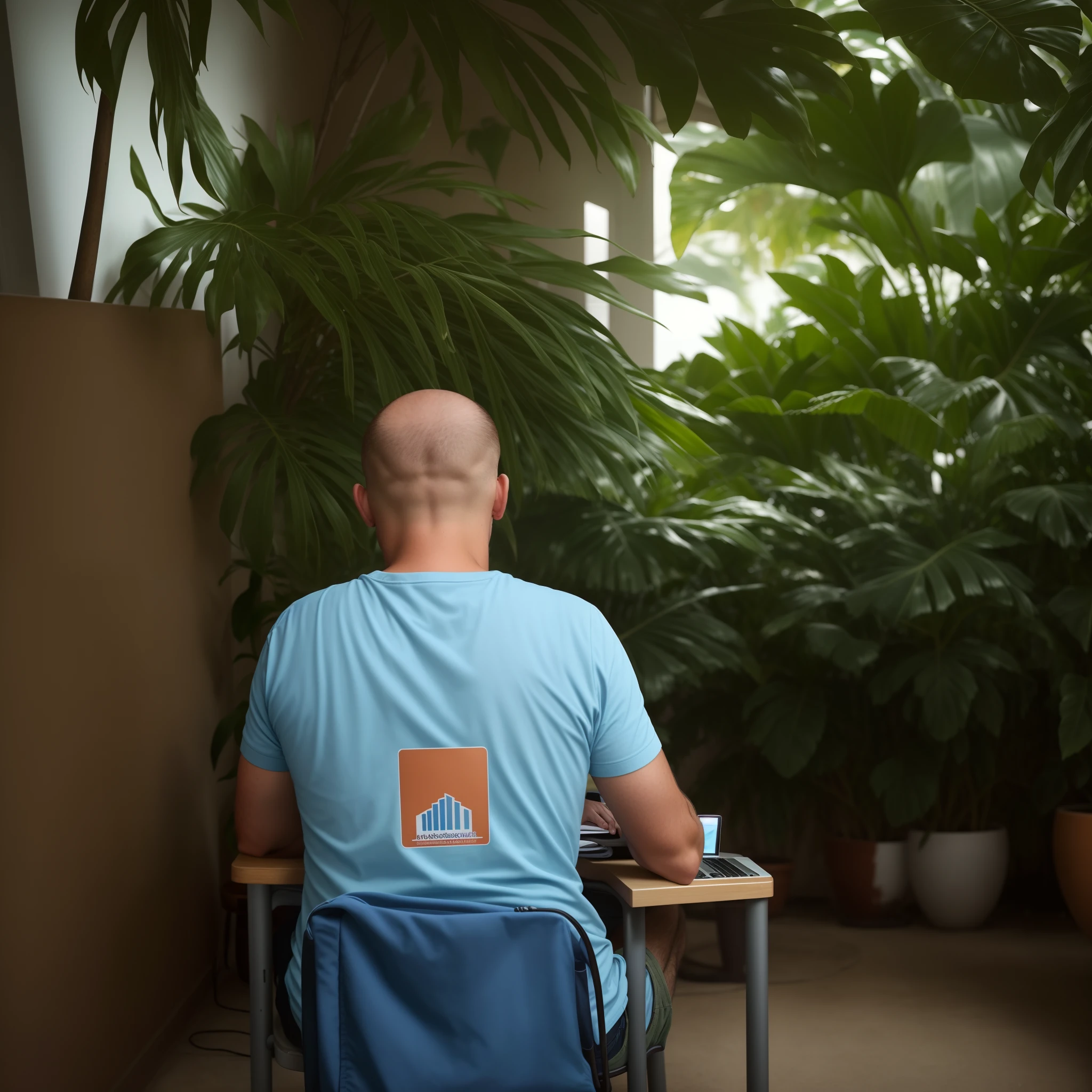 there is a man sitting in a chair with a laptop, olhando para a o laptop em seu colo, with head tilted down, com um laptop no colo, foto de retrato, sentado em um computador, sentado em frente ao computador, middle aged balding superhero, na frente de um computador, photo from behind, Foto de perfil, florida man, foto de perfil 1024px, sentado no jardim