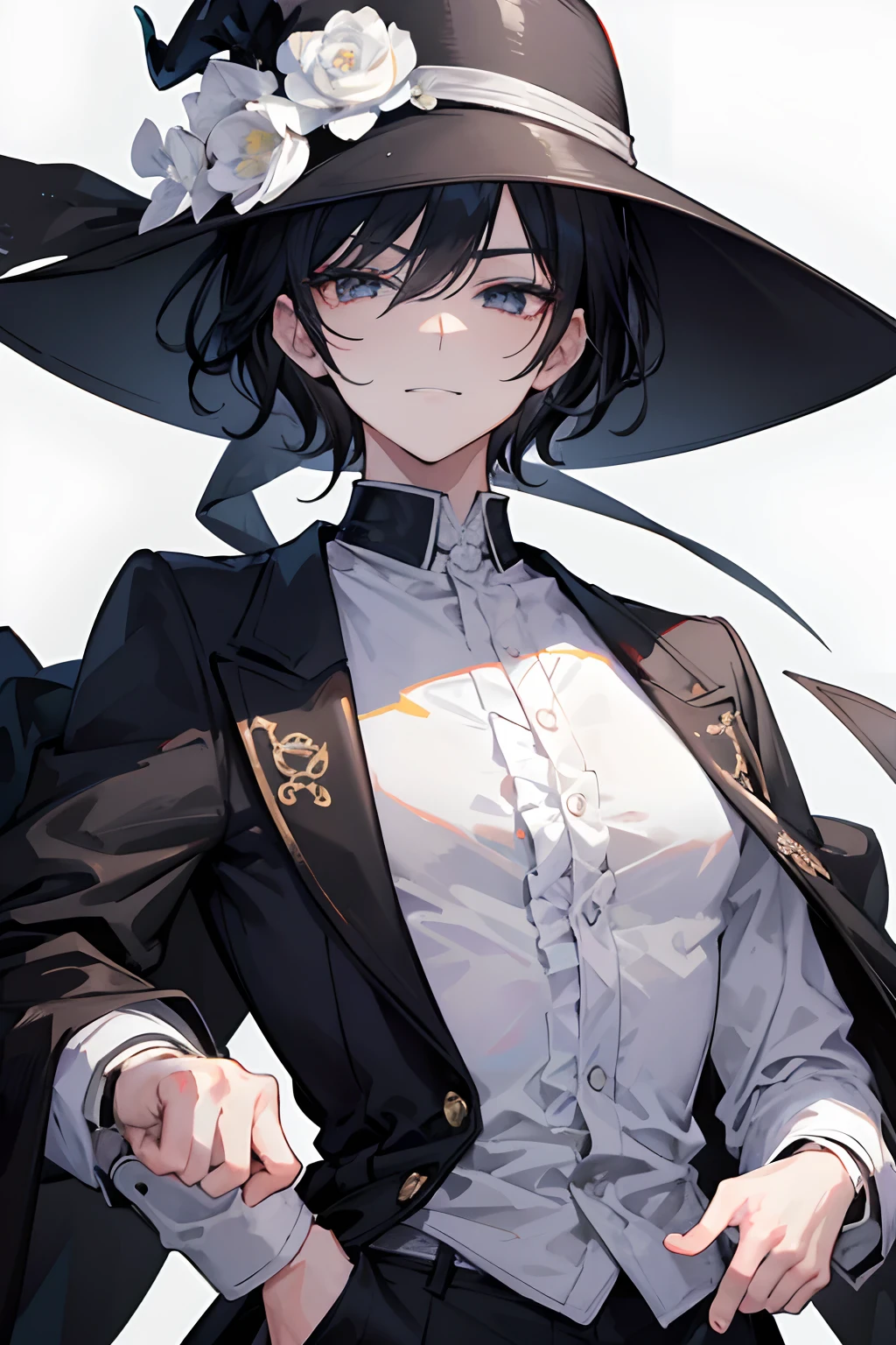 1boy, white eyes, black hair, refined face, beautiful face, soft eyes, shy, short hair, wearing white ruffle top, formal black pants, close up, portrait, ((male)), Evil grin: 1.2, smirk 1.1, sly expression 1.2, wearing black trench coat, black hat. beautiful male, handsome male, masculine: 1.1, feminine 1.1