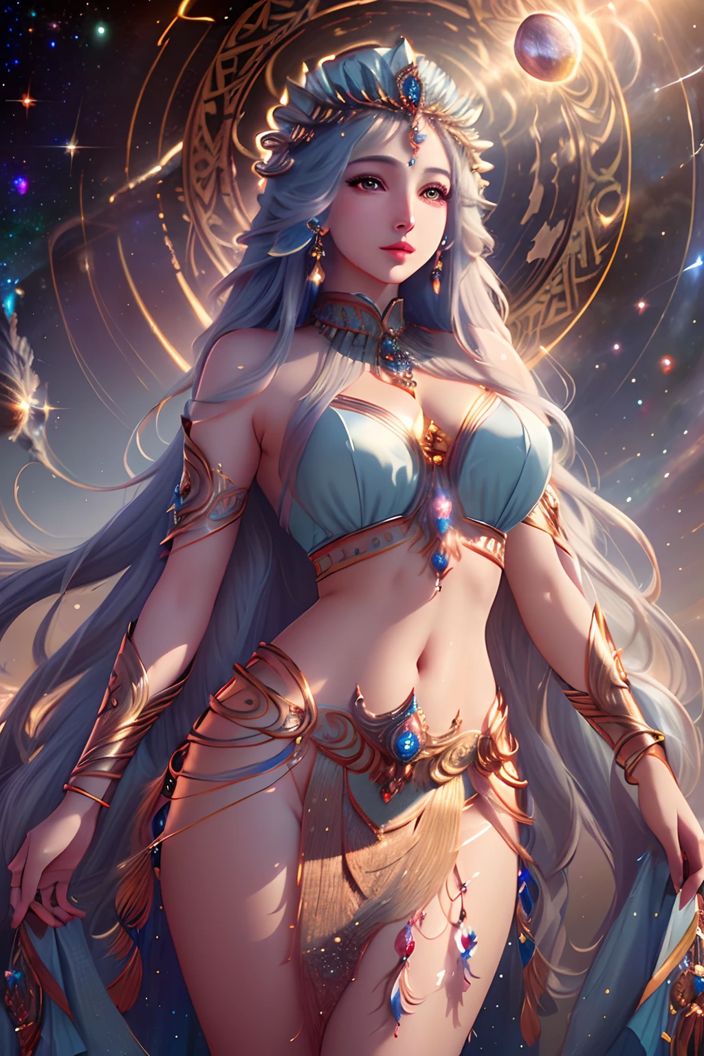 masterpiece, 8k, dslr, ultra-high quality, perfect face, clean, flawless, best illumination, ((a goddess of creation, creating a universe, majestic outfit, godly, in front)), very long hair, jewelery, hair ornament, cinematic lighting, beautiful and detailed eyes, beautiful skin, attractive, ultra-high resolution, high-definition,detailed background,