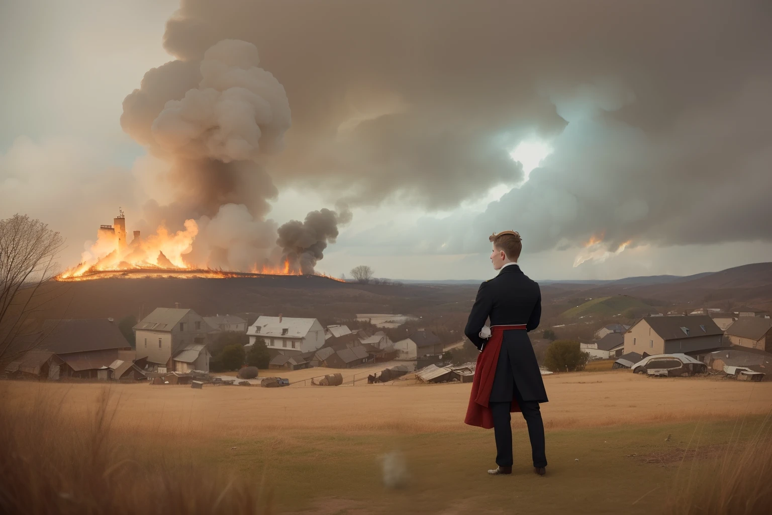 year: 1865. Location: Tama, Iowa. Pre-Raphaelite (((22-year-old George MacKay))), back view, ((small fire)), hedonoso-te ruins, ((((smoke evil ghosts)))) flying away, ((((Clothing from the 1860s)))) ((Hairstyle of the 1860s)), ((("OMITB" cinematography)))