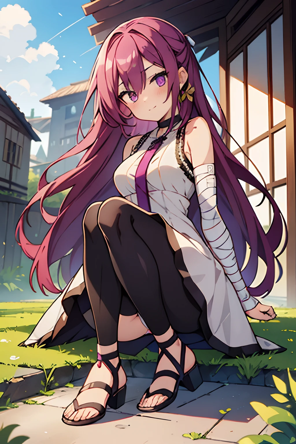 masutepiece, Best Quality, Ultra-detailed, Arm bandage, Bandage arm, Bandaged hand, Colorful,Up-close, Hyper-detailing，purple color  hair, , Ultra-realistic hair quality, Vibrant colors, Beautiful long hair, shoulder-length hair, Shiny hair, detailed hairs, Hair Ribbon, Single-sided up, bow ribbon, no sleeves, Sleeveless, Open shoulders, Cinderella, Panniers and Cinderella, feminine light dress, Lace dress, long-one-piece dress, White tights and leggings, leggins, Lace Tights, Bare legged, Sandals, Brown sandals, gladiator sandals, Chest exposure, Lace underwear, Metamorphosis is exposed, Choker, Black Choker, complete fingers, Five Fingers, Two arms, Two hands, Sexy breasts, Scar, Big breasts, red blush, 1girl in, Solo, Sharp face, Heterochromia, Green eyes, Purple eyes, Bare neck, Happy face, rays of sunshine, Brave Sky, shining sky, Village of Shanghai, Slums, chains