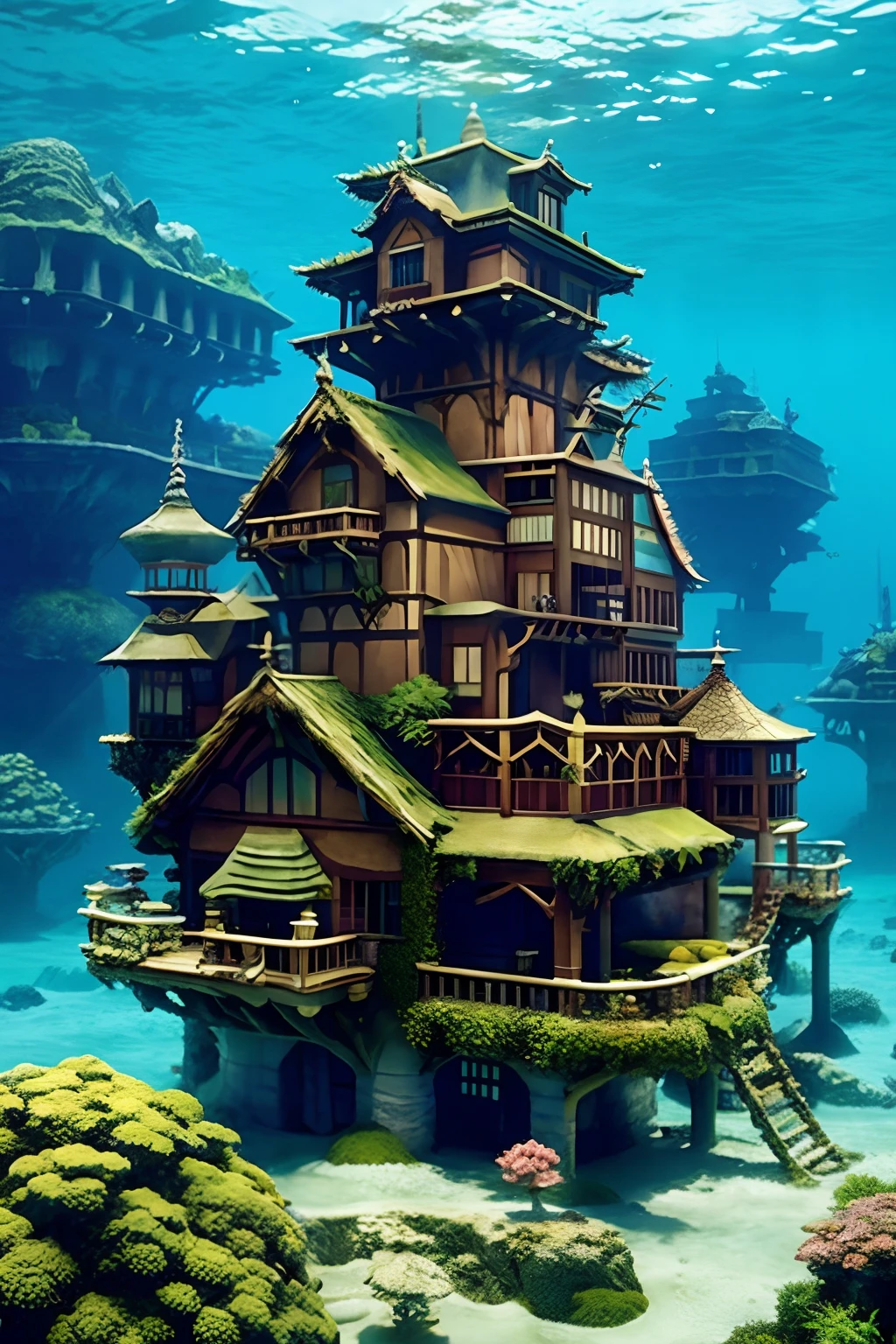Color (Fantasy: 1.2), (Hayao Miyazaki style), (irregular building floating under the sea), patchwork houses, moss decorations, coral, lights, concept art inspired by Andreas Rocha, Artstation contest winner, fantasy art, (cyberpunk underwater city), ross tran, light axes, realistic lighting, masterpiece, high quality, beautiful graphics, high detail, masterpiece, high quality, beautiful graphics, high detail, --v6
