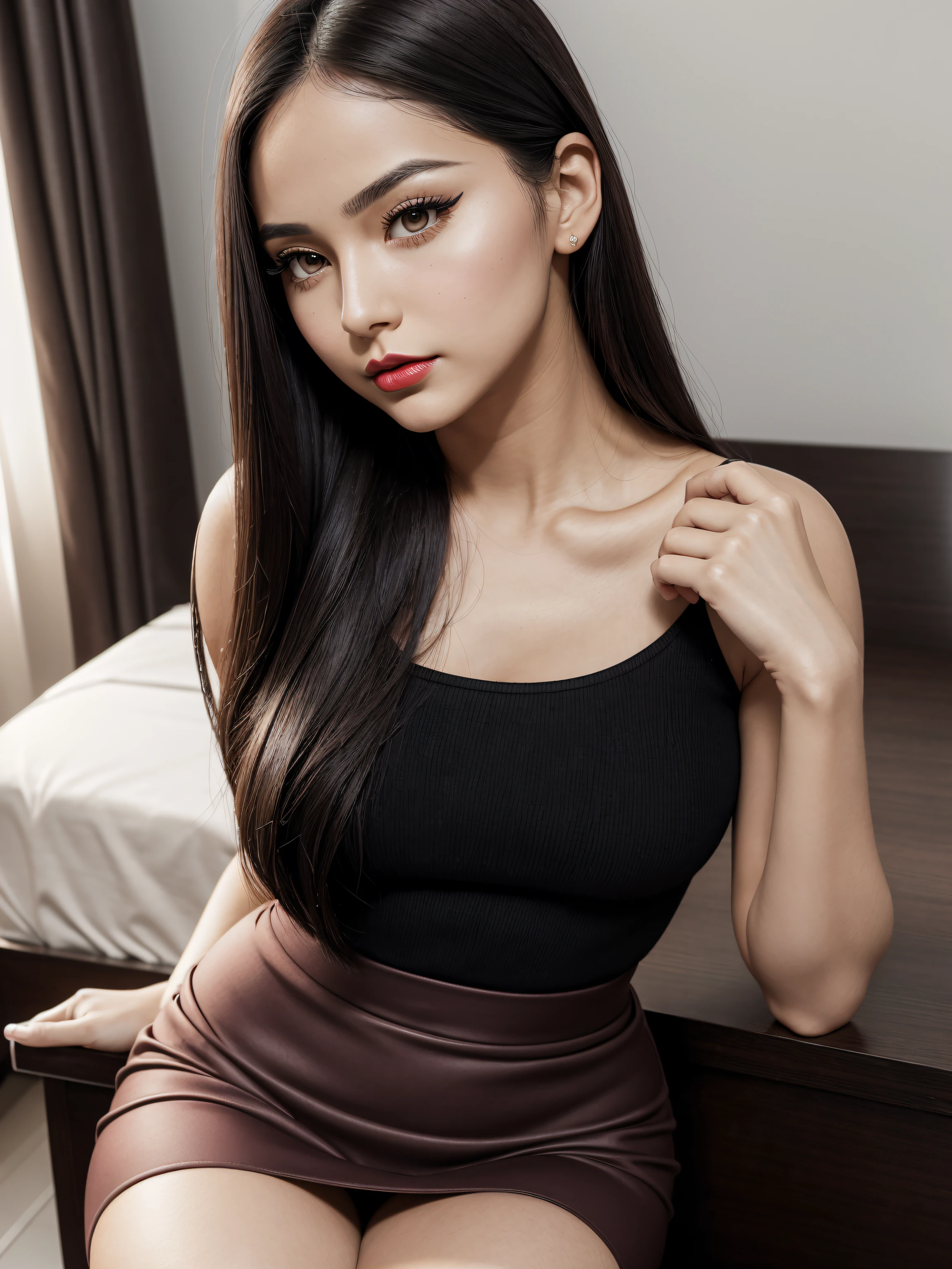 (Masterpiece), (Realistic), best quality, (Beautiful+attractive+feminine+lovely+nerd:0.8+soft skin+soft body), tanned woman, (bold black eyeliner), black makeup, 40 years, straight hair, (dark black hair), (small forehead), (thin eyebrows), (arched eyebrows), (dark brown eyes), thin almond eyes, most beautiful nose, perfect nose, beautiful cheeks, dimples cheeks, round cheeks, feminine cheeks, cute cheeks, dark red lips, beautiful lips, feminine lips, (rounded jaw), (small jaw), beautiful jaw, feminine jaw, 175cm body, beautiful body, feminine body, curvy body, soft body, wearing feminine lawyer tight pencil pink skirt white shirt, flirting sensual and confident expression, (looking_at_viewer)