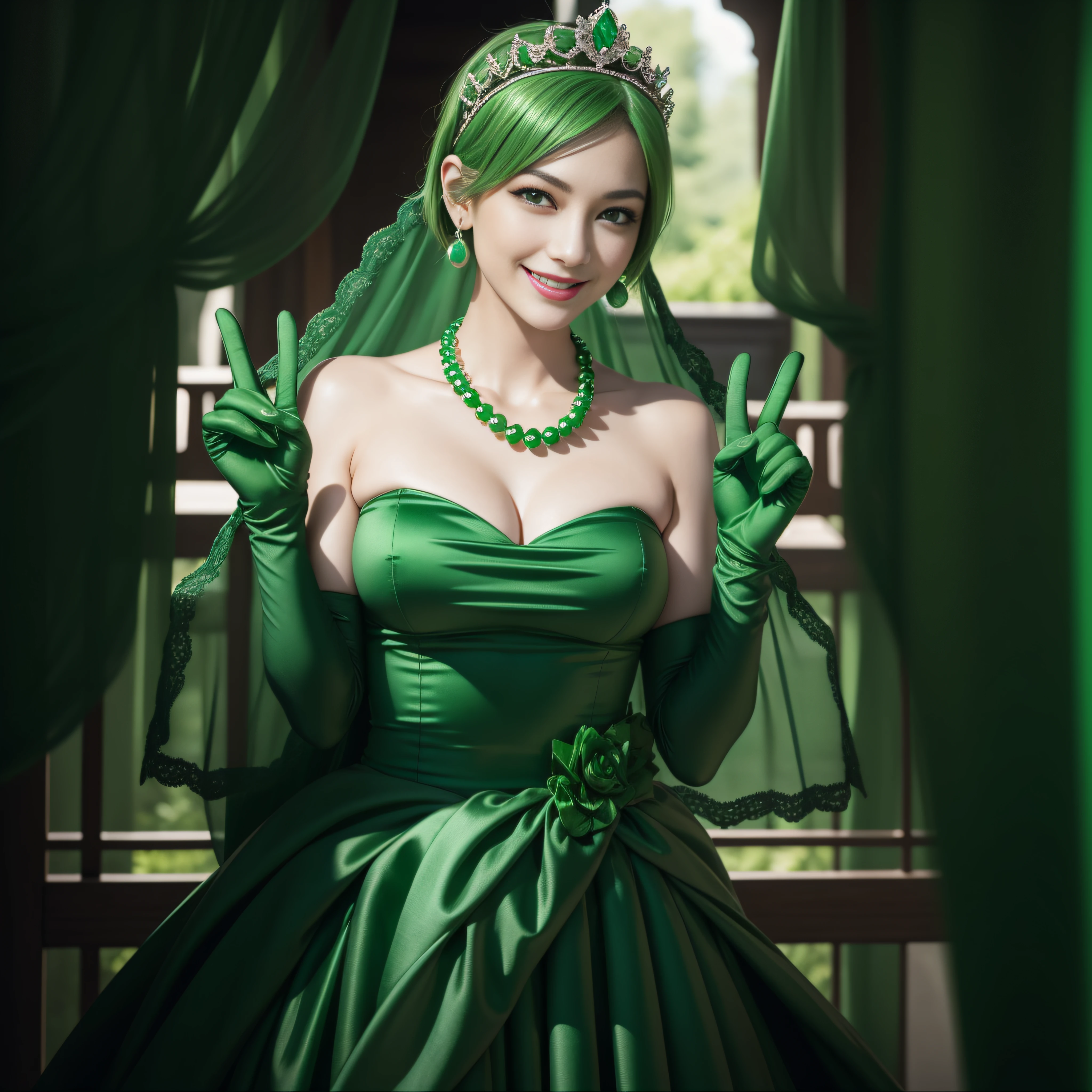 emerald tiara, green pearl necklace, boyish very short green hair, lipstick, smiling Japanese woman, very short hair, big breasts beautiful, green eyes, Long Green Satin Gloves, green eyes, V sign, emerald earrings, green veil, green lip gloss