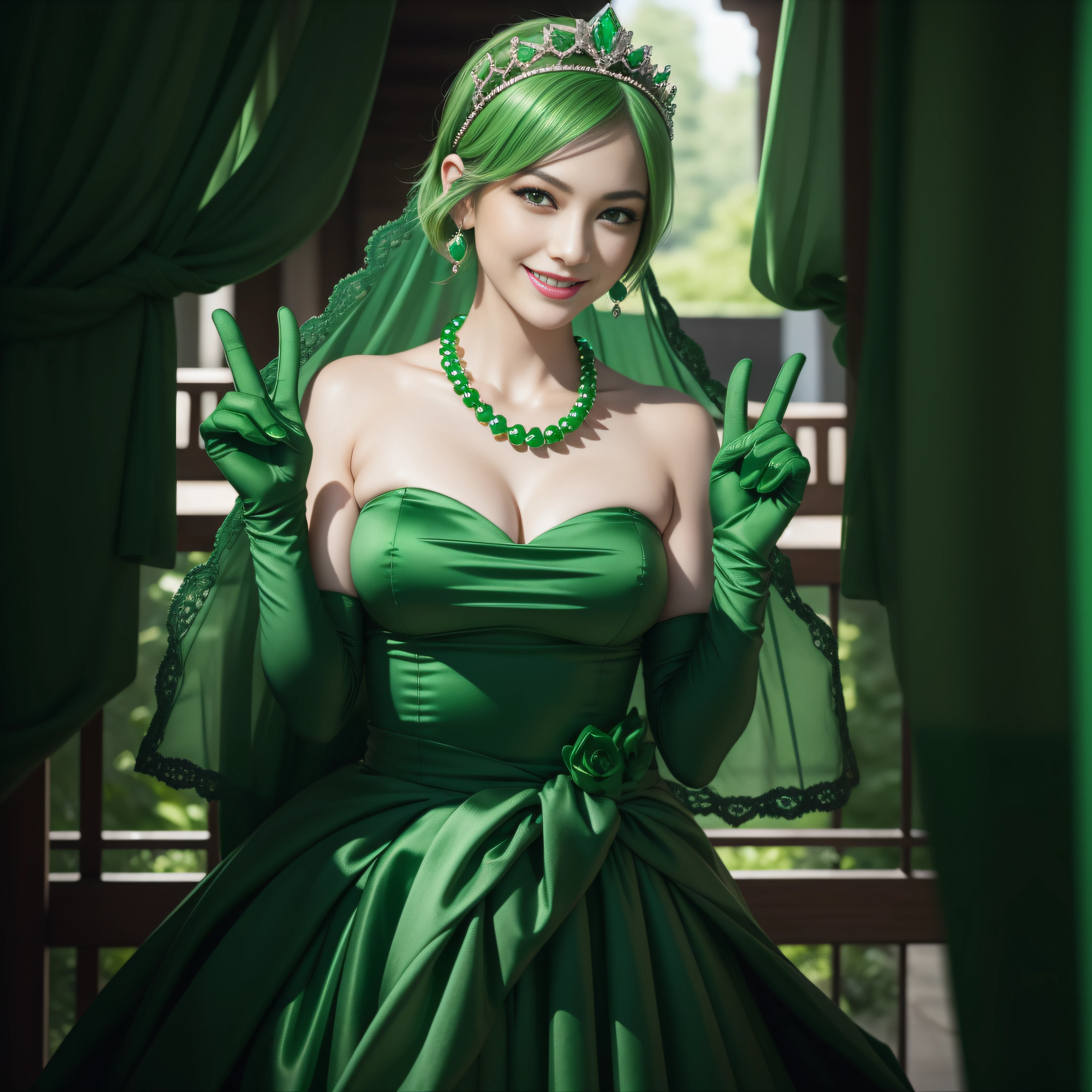 emerald tiara, Green Pearl Necklace, Boyish very short green hair, lipsticks, Japan woman smiling, very short short hair, big breasts beautiful, Green eyes, Long green gloves made of satin material, Green eyes, Emerald Earrings, green vale, v sign