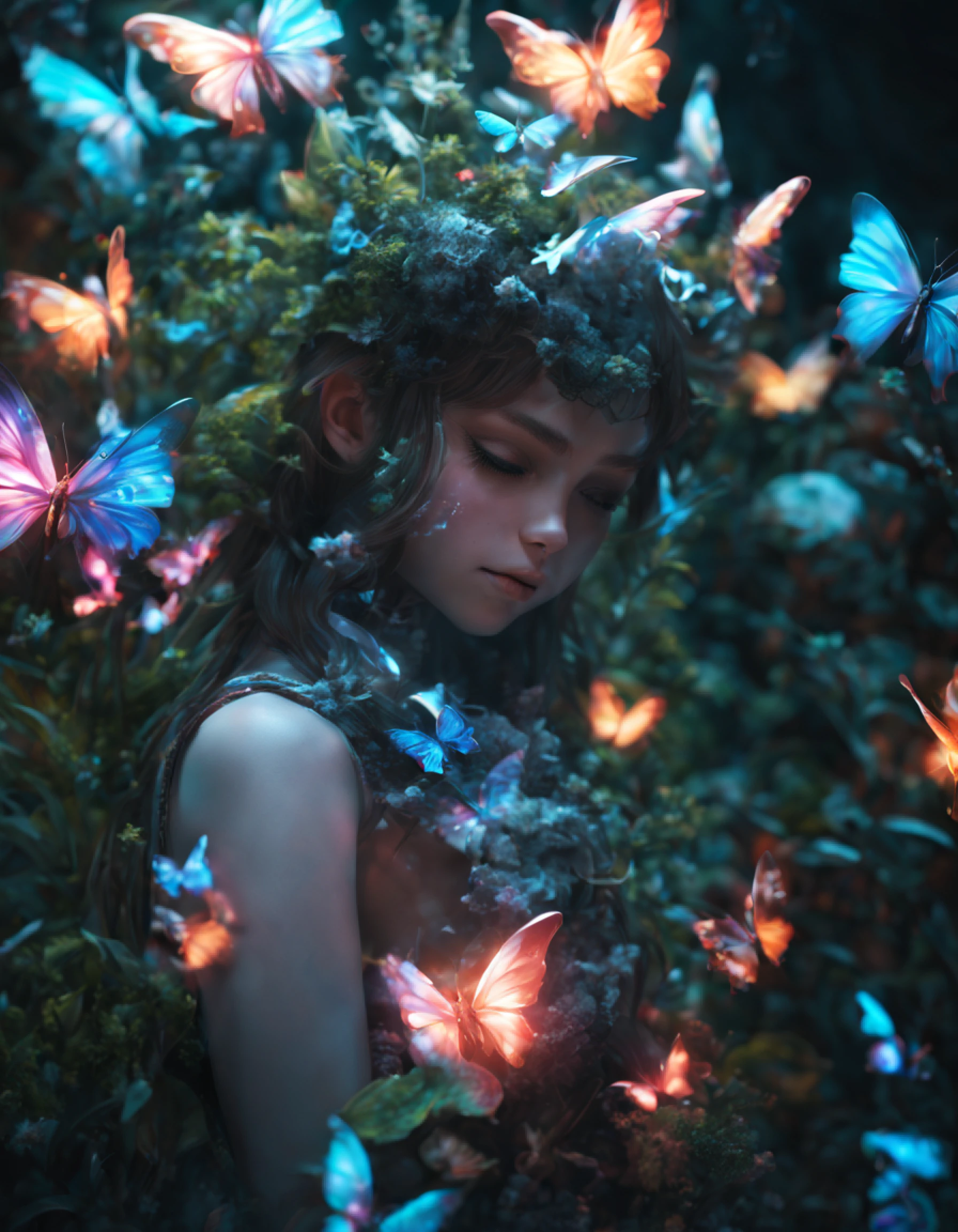 realistic artwork, high detailed, professional, cinematic of (fairy girl), cool vibe, small nose, upper body photo of a transparent porcelain cute creature, with glowing backlit panels, anatomical plants, dark forest, grainy, shiny, with vibrant colors, colorful, smooth skin, glow surreal objects floating, contrasting shadows, photographic, niji style, aura glowing, colored aura, movie still, final fantasy vii remake, transparent clothing, (transparent butterflies are part of her body), sleeping, butterfly helmet, (depth of field)
