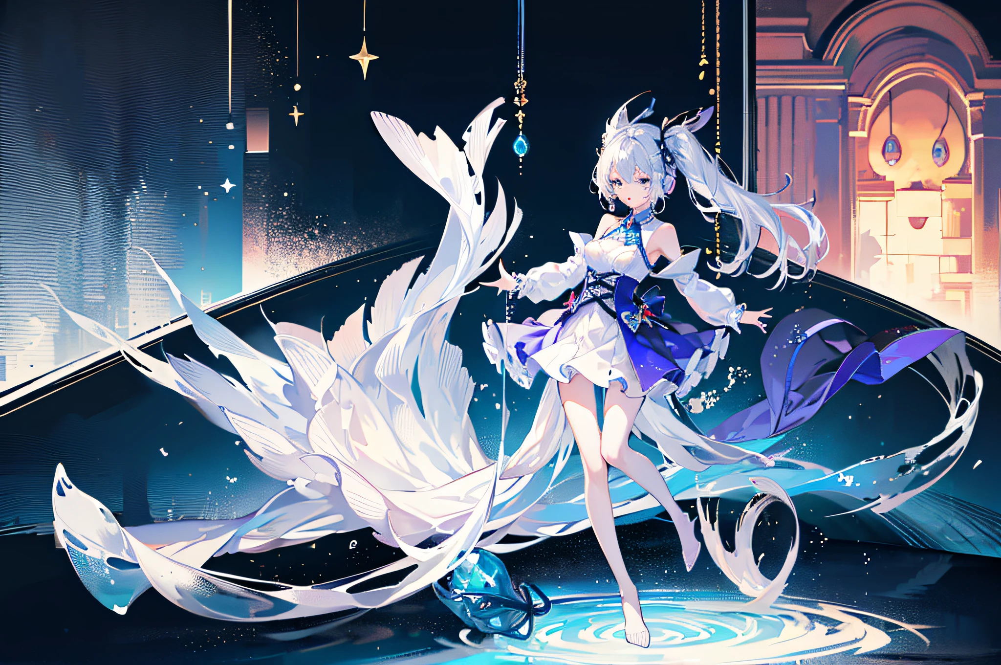 (masterpiece), best quality, expressive eyes, perfect face, (8k), ultra detailed, 1girl, (full body:1.9), (floating), lying on air, named Kiri, closed eyes, headphones, blue, crystal dress, blue dress, short white skirt, smooth skin, headphones, chilling, short white hair, medium breasts