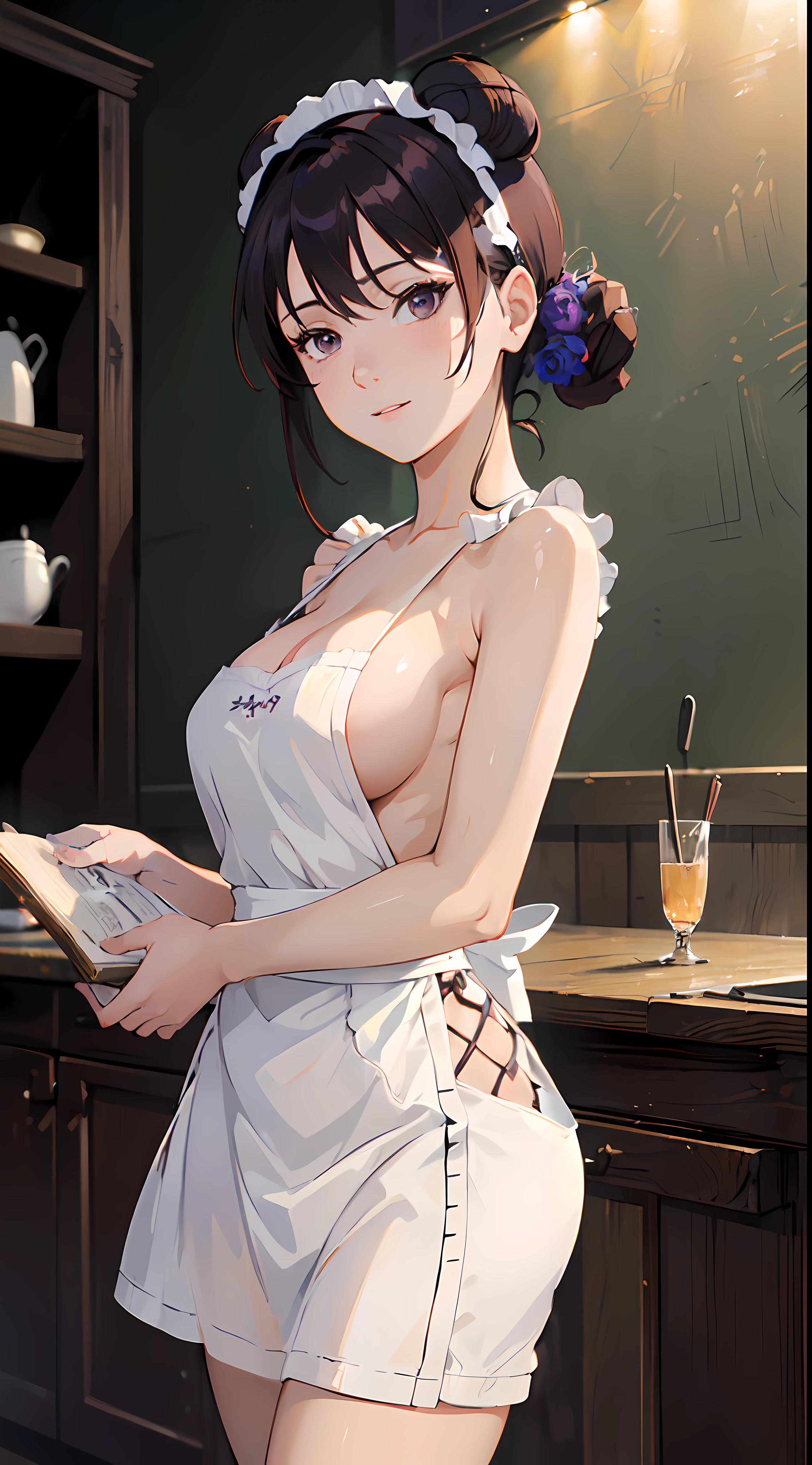 ((((Masterpiece, high resolution)))), 1girll, White hair, Purple eyes, waved hair, mediuml breasts, Blush, Light smile, Open lips, Glow, Thighs, cropped shoulders, 鎖骨, Narrow waist, cleavage, (Beautiful detailed face, Beautiful detailed eyes), (NAKED Apron, Kitchen, arms back behind, ), Best quality, (Masterpiece)