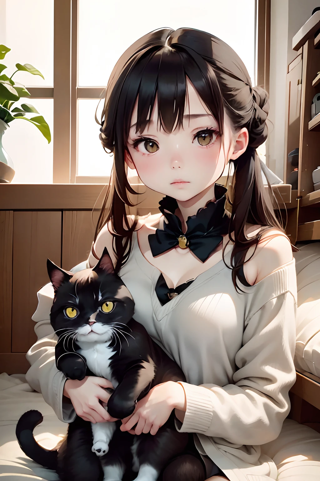 top-quality、Girl holding a black cat、Cute 14 year old girl、Bun hair with brown hair tied、Black cat、Natural look、longshot、Natural light