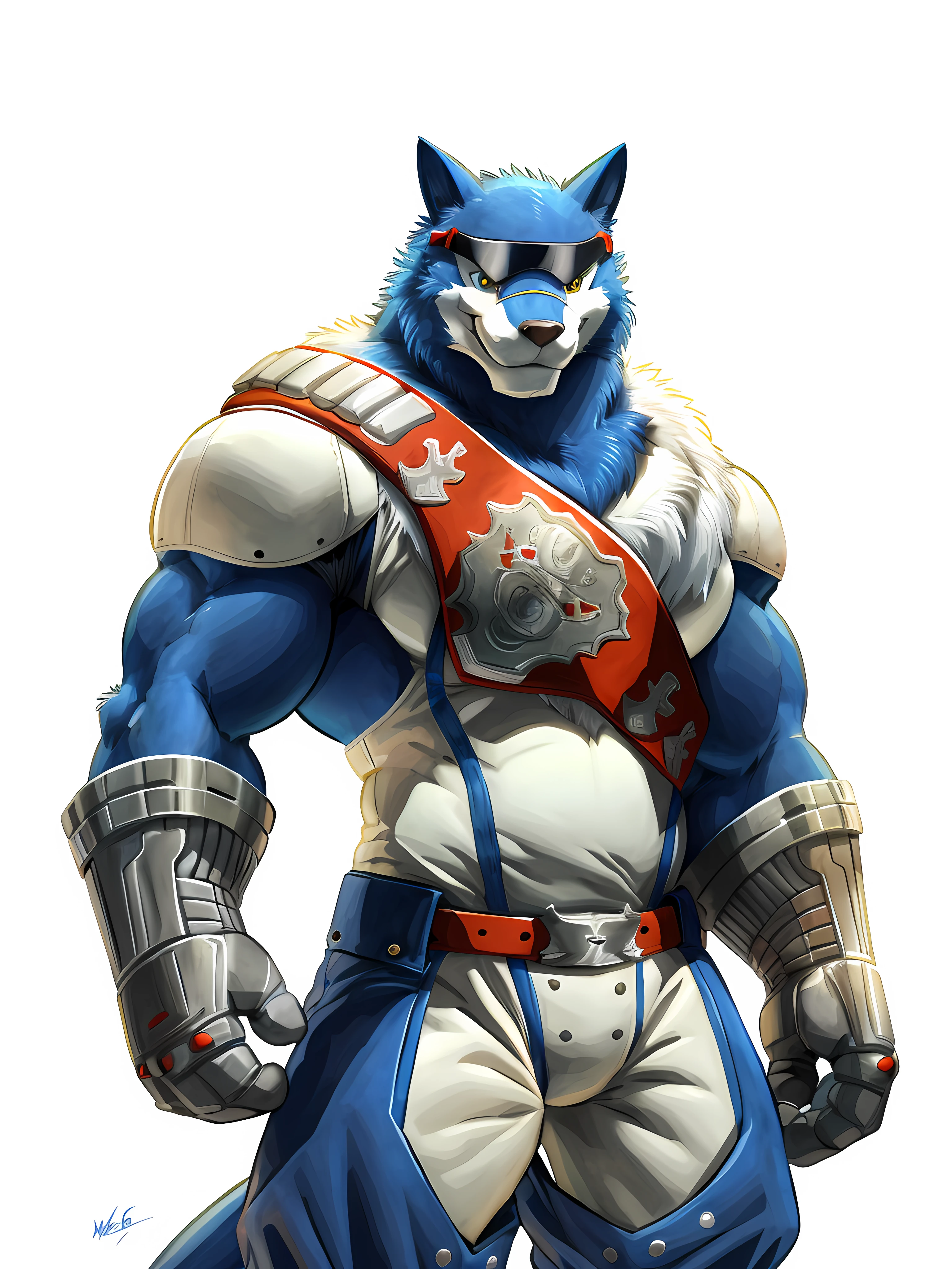 machgaogamon, furry body, very muscular, heavyweight, pants, belt, male, masculine, 4k, high resolution, detailed, correct anatomy, cartoony proportions, (featureless background, white background), half body, front view, (by wfa, by negger:1.0), detailed eyes, smile