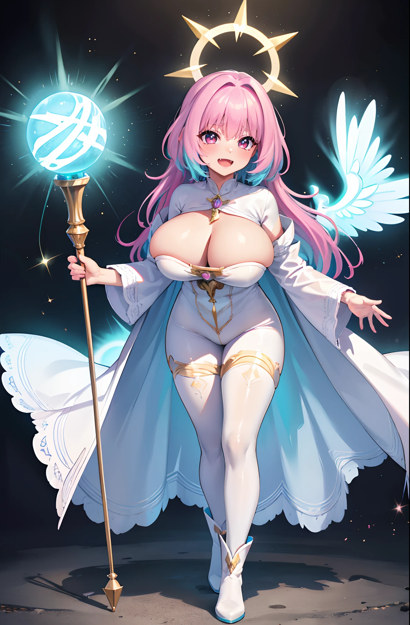 (best quality,masterpiece:1.2),intricate details,beautiful detailed eyes,beautiful detailed lips,extremely detailed eyes and face,longeyelashes,riamu, modeseven,super curvy,comic style,vibrant colors,standing,innocent, full body, standing, smile, princess dress, noble clothing, holy angel magicalgirl, open mouth fang, holy haura, halo, smile, joyfull, paladin, staff holding, full body , boots, standing,cute,breast, curvy, female,fantasy goddess,there is a cartoon picture of a woman with a very large breast, glowing angelic being, glowing holy aura, inspired by Luma Rouge, the non-binary deity of spring, ethereal rainbow nimbus, the butterfly goddess of fire, inspired by Marie Angel, glowing aura around her, astral fairy, as the goddess of the sun, “uwu the prismatic person, big breast, happy, beautiful eyes, , full body, walking, long robe, long dress, ,priestess ,holy, smile, pants, body suit, coat, pantyhose,pullover,martial pov,god rays, ray tracing, sparkle, cinematic lighting, UHD, retina, masterpiece, ccurate, anatomically correct, textured skin, super detail, high details, high quality, award winning, best quality, highres, 1080P, HD, 4K, thunder aura, light aura, pullover