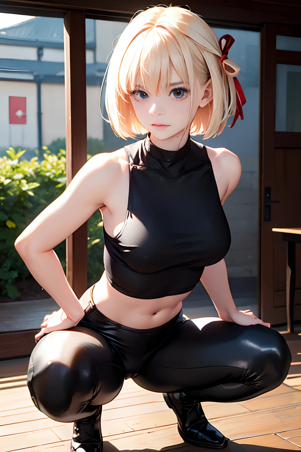 realisticlying、 1 人、a blond、bob cuts、Red ribbons、radiant eyes、Colossal tits、Tank Tops, Leather pants that have been slid down、、pee、a wet body、Leaking、Taken from the front, Open your crotch wide, crouching down、Hands on the buttocks
