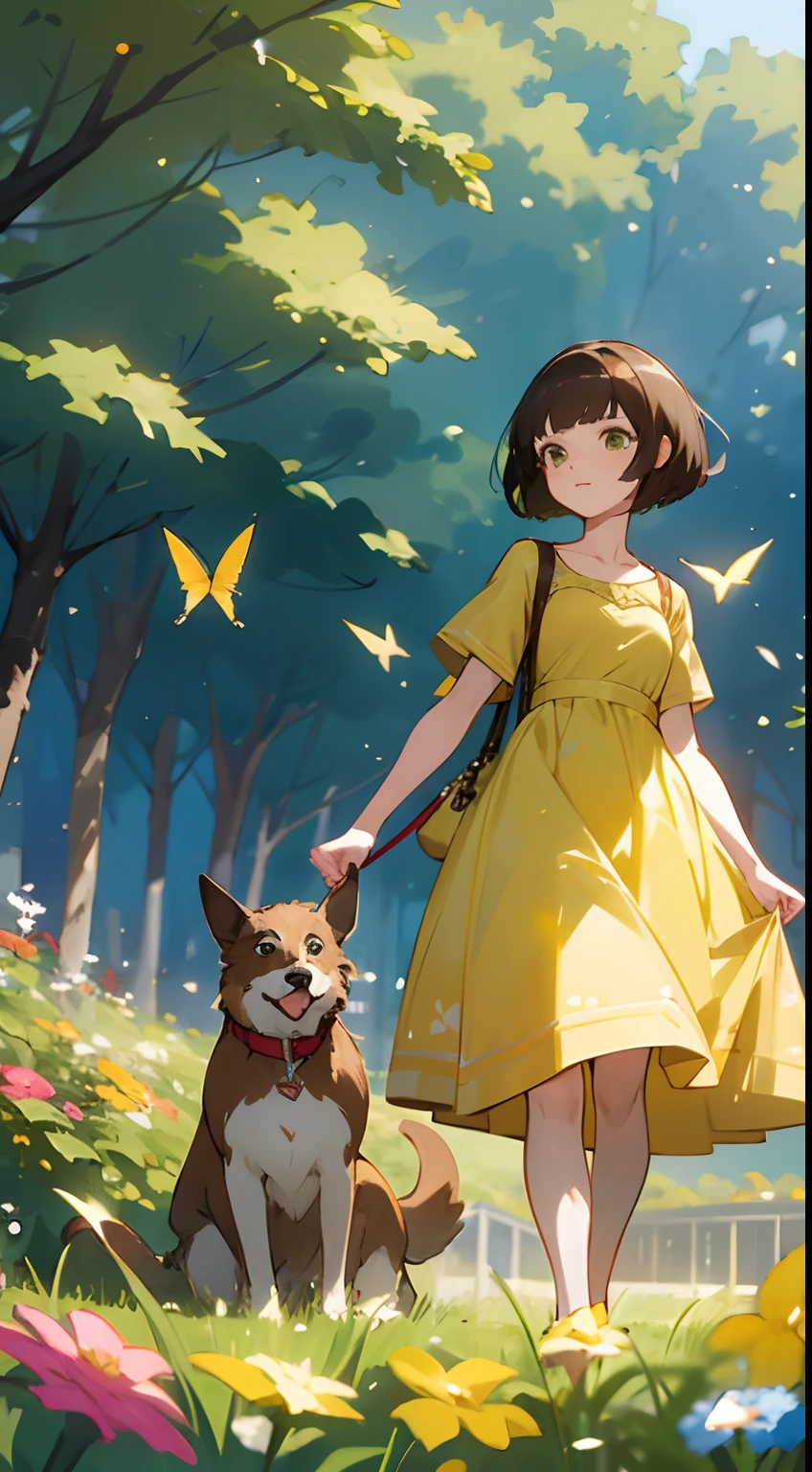 anime style young brunette woman with short Chanel hair, green eyes, in a yellow dress walking in the park with her dog on a leash, a wind lifts the dress showing part of the panties, she is ashamed, on the right side we see a hummingbird in the flowers, add some yellow butterflies flying