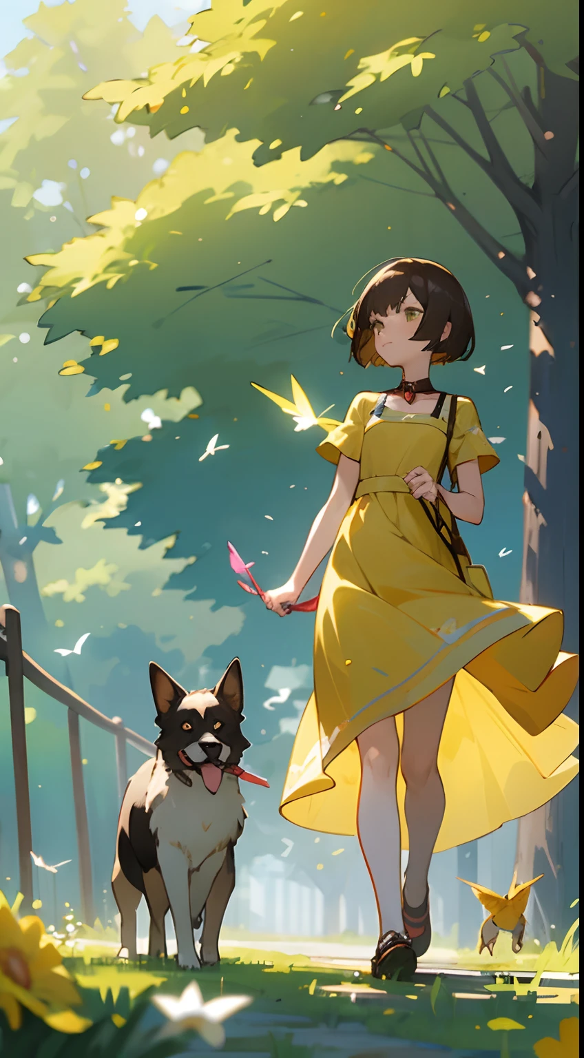 anime style young brunette woman with short Chanel hair, green eyes, in a yellow dress walking in the park with her dog on a leash, a wind lifts the dress showing part of the panties, she is ashamed, on the right side we see a hummingbird in the flowers, add some yellow butterflies flying