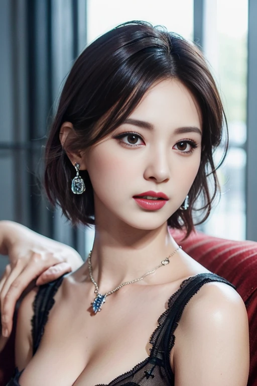 Short waves of any hair color, Short haircuts of any hairstyle, RAW photo, Photorealistic, (very dark lipgloss), So many eyelashes, elegant eyeshadow, White skin, Glossy glossy skin, High quality, high resolution, Depth of field, color difference, Caustics, (Japan idol), Instagramer, necklace, Single woman, Earrings, bangle, (((gigantic cleavage breasts: 1.3, Round breasts: 1.3)))), (Red and black nightdress), Chic sofas, lewd poses, Seductive makeup, Seductive gestures, mesmerizing looks, Cruel eyes, bust up