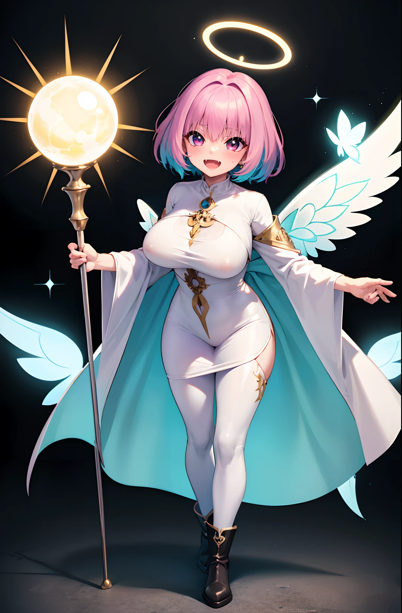 (best quality,masterpiece:1.2),intricate details,beautiful detailed eyes,beautiful detailed lips,extremely detailed eyes and face,longeyelashes,riamu, modeseven,super curvy,comic style,vibrant colors,standing,innocent, full body, standing, smile, princess dress, noble clothing, holy angel magicalgirl, open mouth fang, holy haura, halo, smile, joyfull, paladin, staff holding, full body , boots, standing,cute,breast, curvy, female,fantasy goddess,there is a cartoon picture of a woman with a very large breast, glowing angelic being, glowing holy aura, inspired by Luma Rouge, the non-binary deity of spring, ethereal rainbow nimbus, the butterfly goddess of fire, inspired by Marie Angel, glowing aura around her, astral fairy, as the goddess of the sun, “uwu the prismatic person, big breast, happy, beautiful eyes, , full body, walking, long robe, long dress, ,priestess ,holy, smile, pants, body suit, coat, pantyhose,pullover,martial pov,god rays, ray tracing, sparkle, cinematic lighting, UHD, retina, masterpiece, ccurate, anatomically correct, textured skin, super detail, high details, high quality, award winning, best quality, highres, 1080P, HD, 4K, thunder aura, light aura, pullover