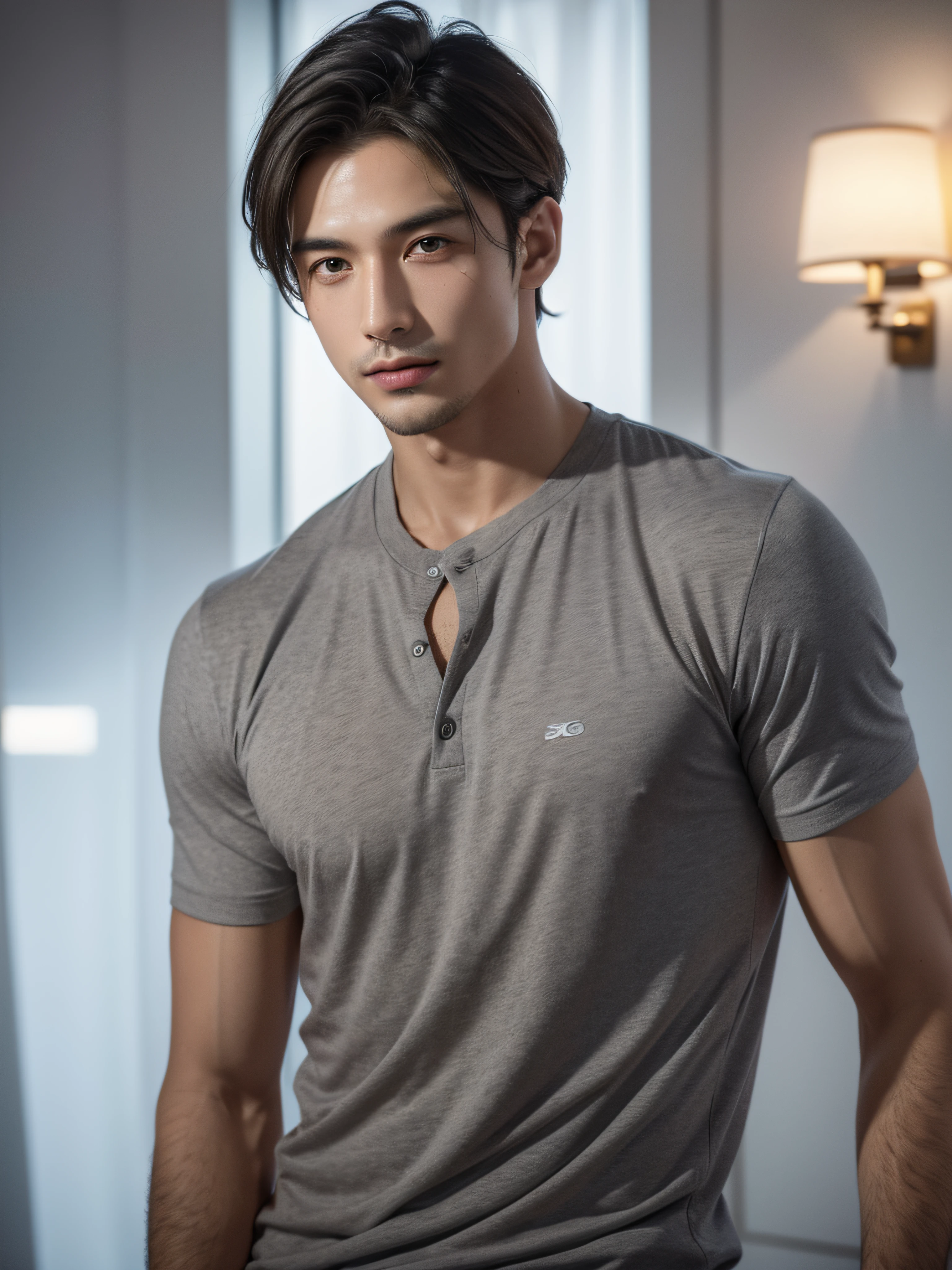 solo , 1man , thai man , grey Button-down shirt with collar , black Long pants , happy