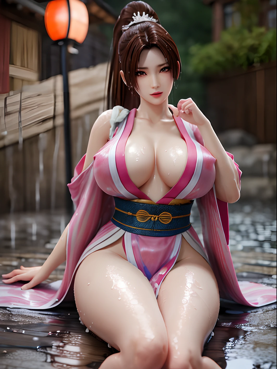 (woman:0.5),MaiShiranui ,Sitting on the ground, spreading your feet,Thin to transparent,see-through,(((Soggy-kimono:1.2))),nipple, (((water-immersed body: 0.9))),jewelry,In the street ,BrownishRed hair,Masterpiece,best quality,extremely detailed ,3D,Cinema-4D , 8k,Photorealistic ,(((Charming female body))), (gigantic breasts:1.5),Facing the camera, Pink lips,(((Finger details))),(((Extra legs))),((( extra hands))),