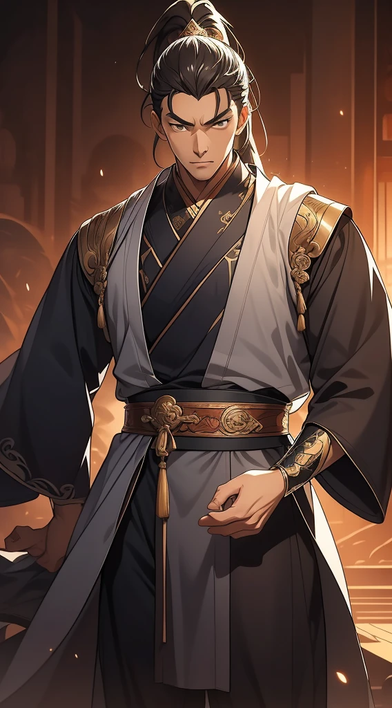 Masterpiece, Excellent, Daytime, 1 Man, Chinese Style, Ancient China, Chinese Court, Eagle, Turquoise Brown Hair, Gray-Blue Eyes, Split Hair, Long Hair, Long Bangs, High Ponytail, Handsome, Handsome, Serious, Gentle, Tall, Quiet, Dark Clothes, Gray-Blue Clothes, Dark Blue Clothes, Prince, Sword, Looking Down