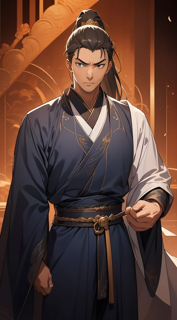Masterpiece, Excellent, Daytime, 1 Man, Chinese Style, Ancient China, Chinese Court, Eagle, Turquoise Brown Hair, Gray-Blue Eyes, Split Hair, Long Hair, Long Bangs, High Ponytail, Handsome, Handsome, Serious, Gentle, Tall, Quiet, Dark Clothes, Gray-Blue Clothes, Dark Blue Clothes, Prince, Sword, Looking Down