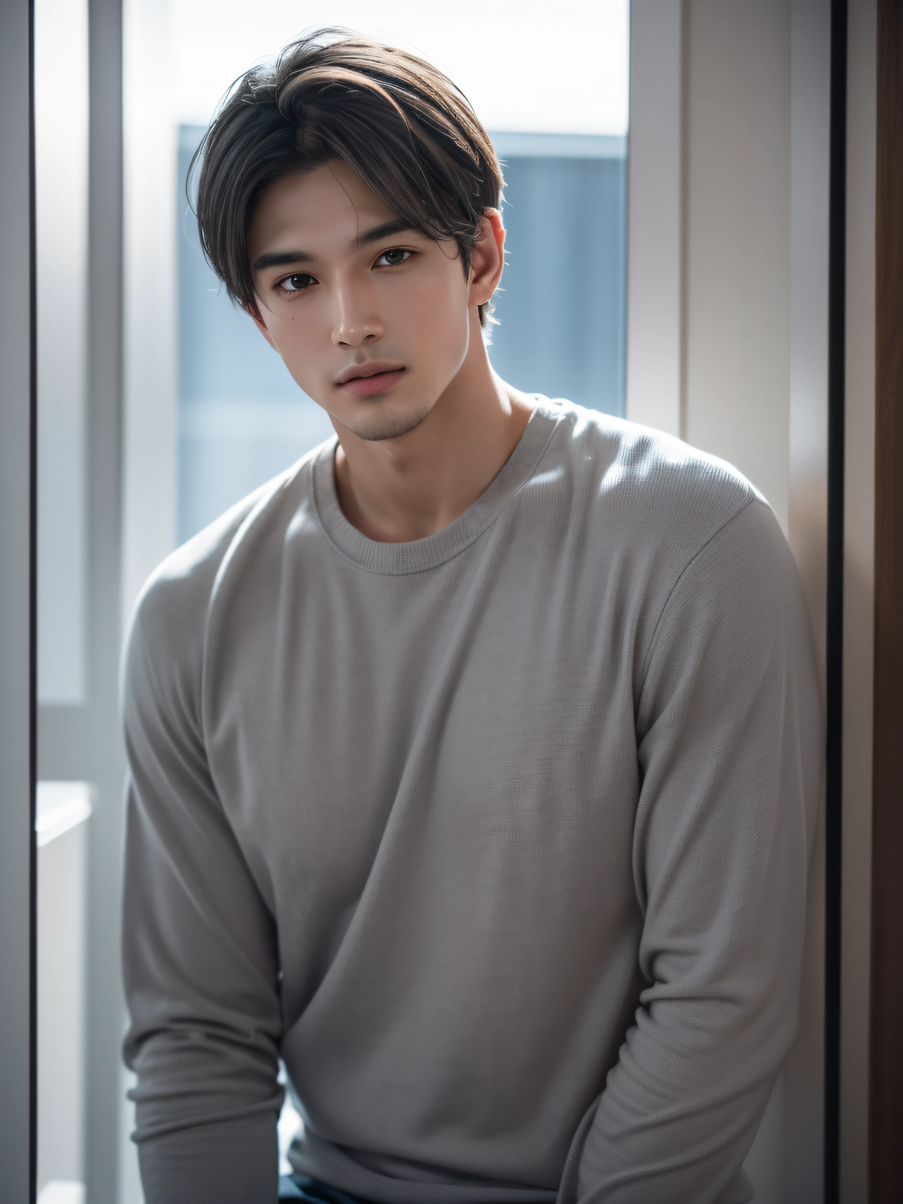 (masterpiece:1.3), (8k, photorealistic, RAW photo, best quality: 1.4), (1male),chinese, beautiful face, (realistic face), (black hair, short hair:1.3), Handsome hairstyle,photorealistic eye,Nice detail eyes,(Realistic skin),The muscles are pronounced,(Sweaters),absurd res,enticing,超高分辨率,Ultra photo realsisim,The is very detailed,the golden ratio