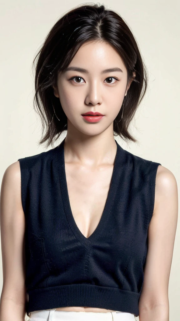(Best quality, 8K, 32K, Masterpiece, hyper HD:1.3),Photo of Pretty Japanese woman in the, Large, Very short Bob hair,Large breasts,The upper part of the body,(vests, shorter pants:1.1) ,necklace, Healthy skin, Simple background, (Looking down:1.2),Smile, touch breasts, Cleavage view, Middle corner,Breasts develop well