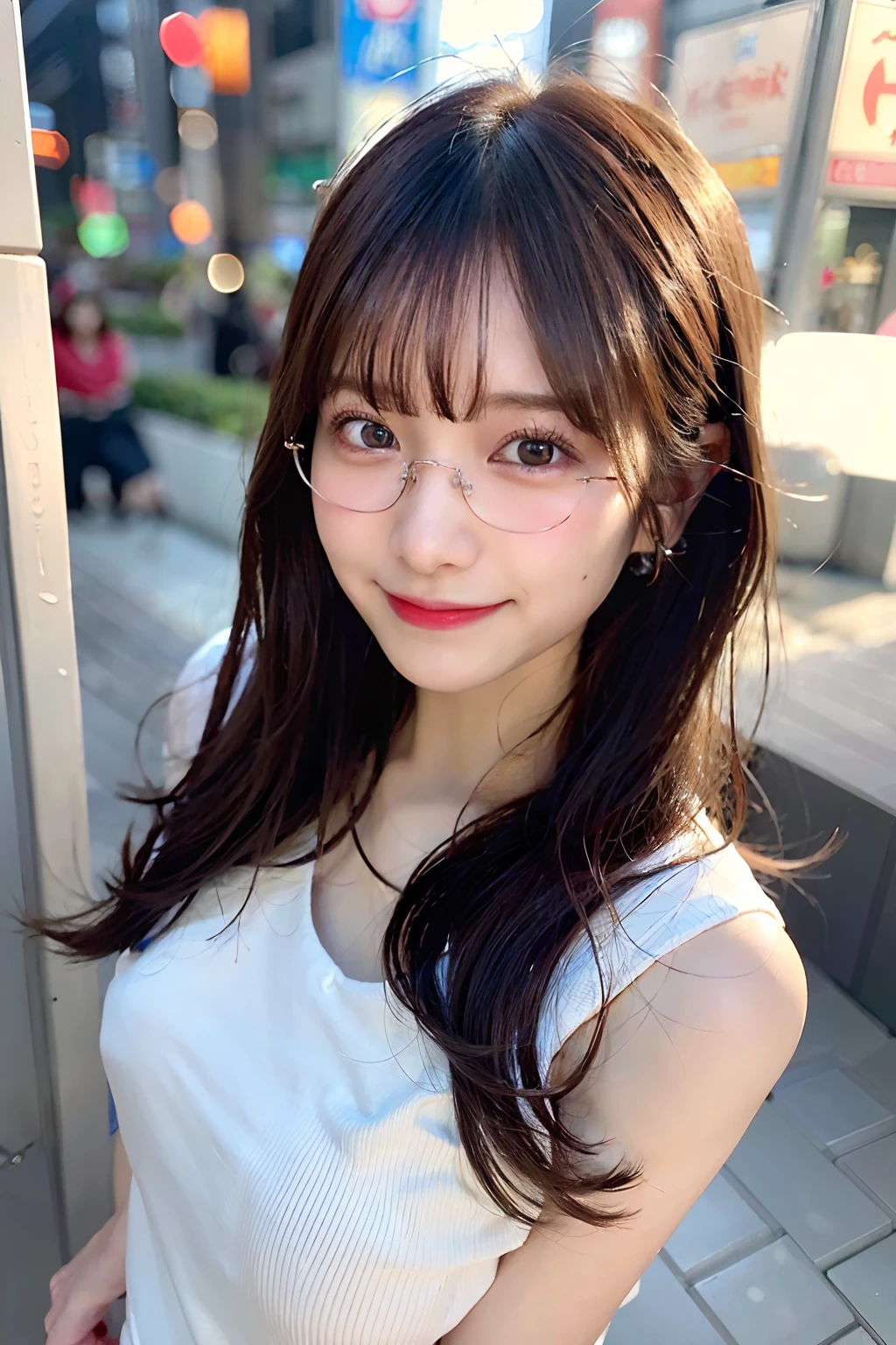 (top-quality、8K、32K、masuter piece、nffsw:1.2)、profile、(slim figure:1.2)、(s lips) 、age19、kawaii pose、Incredibly ridiculous、(Akihabara at night:1.3)、wears glasses、Colossal tits、二重まぶた、shinny skin、Realistic rays、mare、beauitful face、(A smile:1.3)、crouching down、(From above:1.2)、(a closeup:1.4)、blurry backround、(Front Focus)、(Dark: 1.6)、Fantasy Art、photoRealstic、Professional Lighting、extra detailed face、Award-winning、deep-shadows
